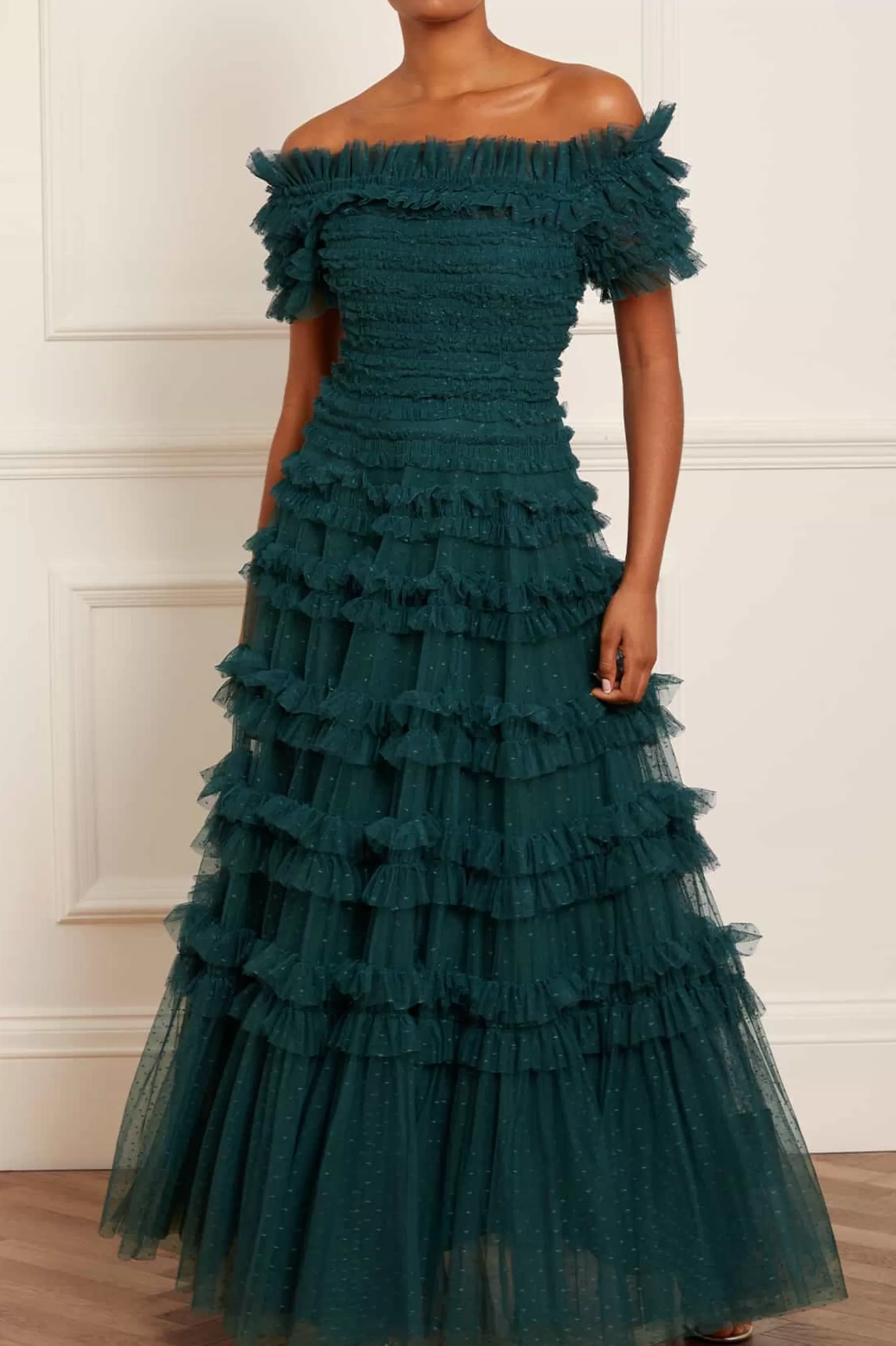 Needle & Thread Mother of the Bride | Plus Size>Lisette Ruffle Off Shoulder Gown Green