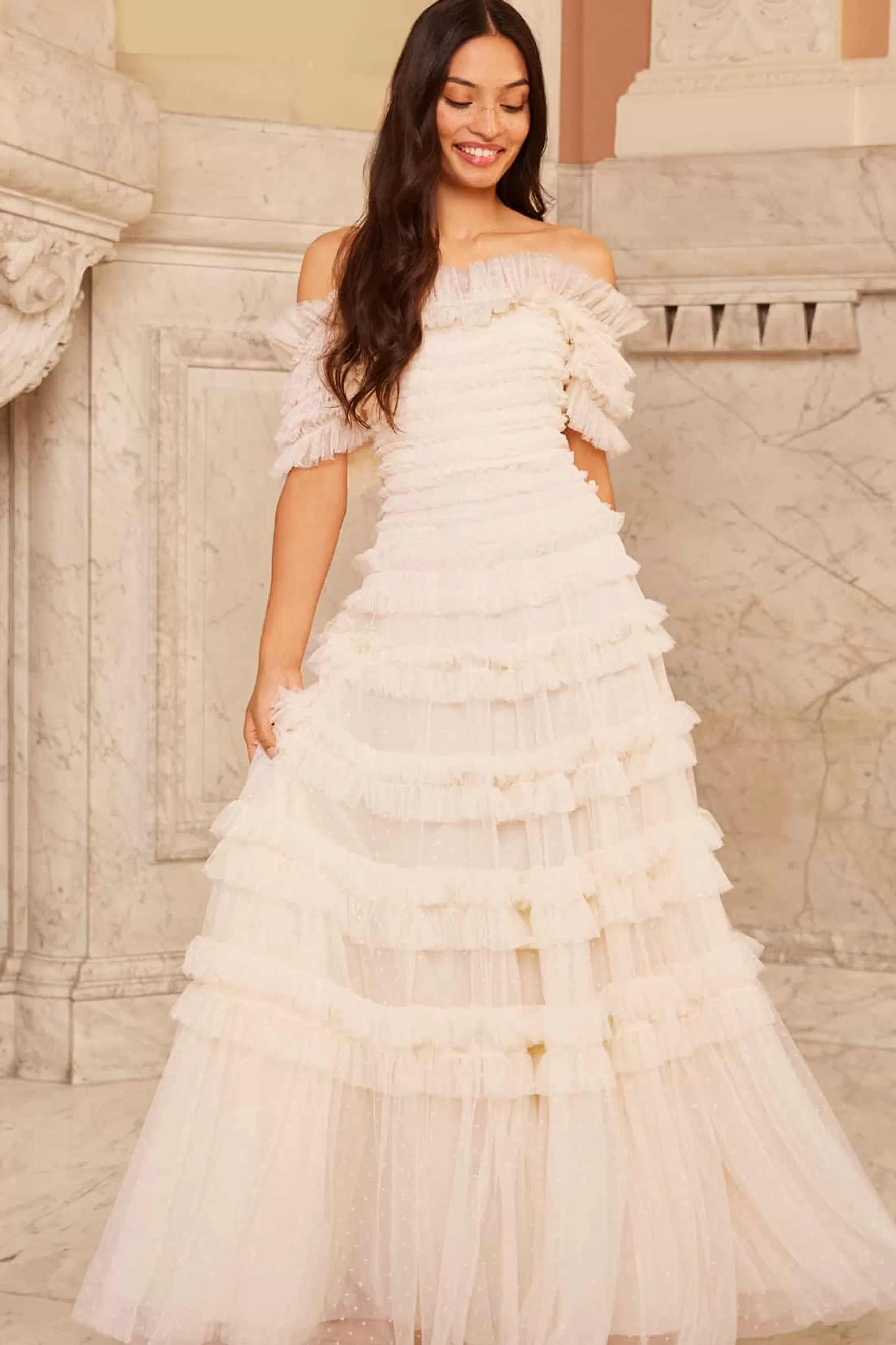 Needle & Thread Bridal | Mummy & Me>Lisette Ruffle Off Shoulder Gown Champagne