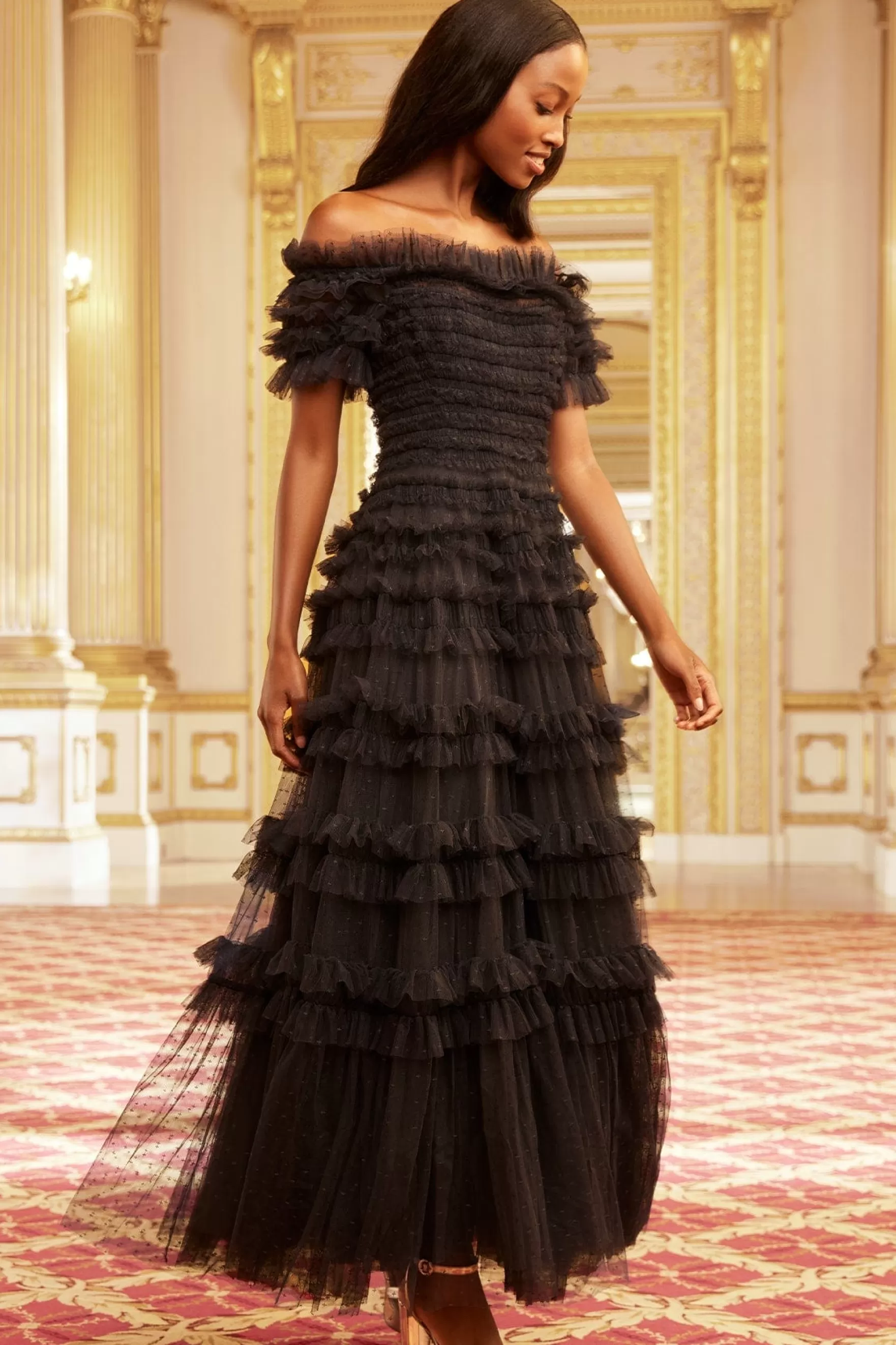Needle & Thread Evening Dresses>Lisette Ruffle Off Shoulder Gown Black