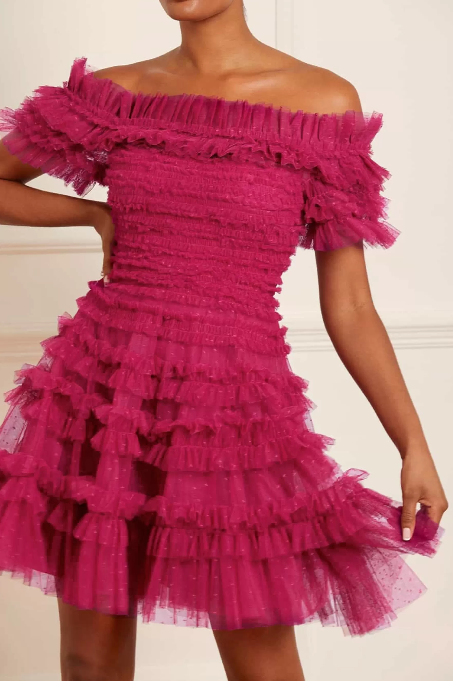 Needle & Thread Wedding Guest | Mummy & Me>Lisette Ruffle Off Shoulder Micro Mini Dress Pink