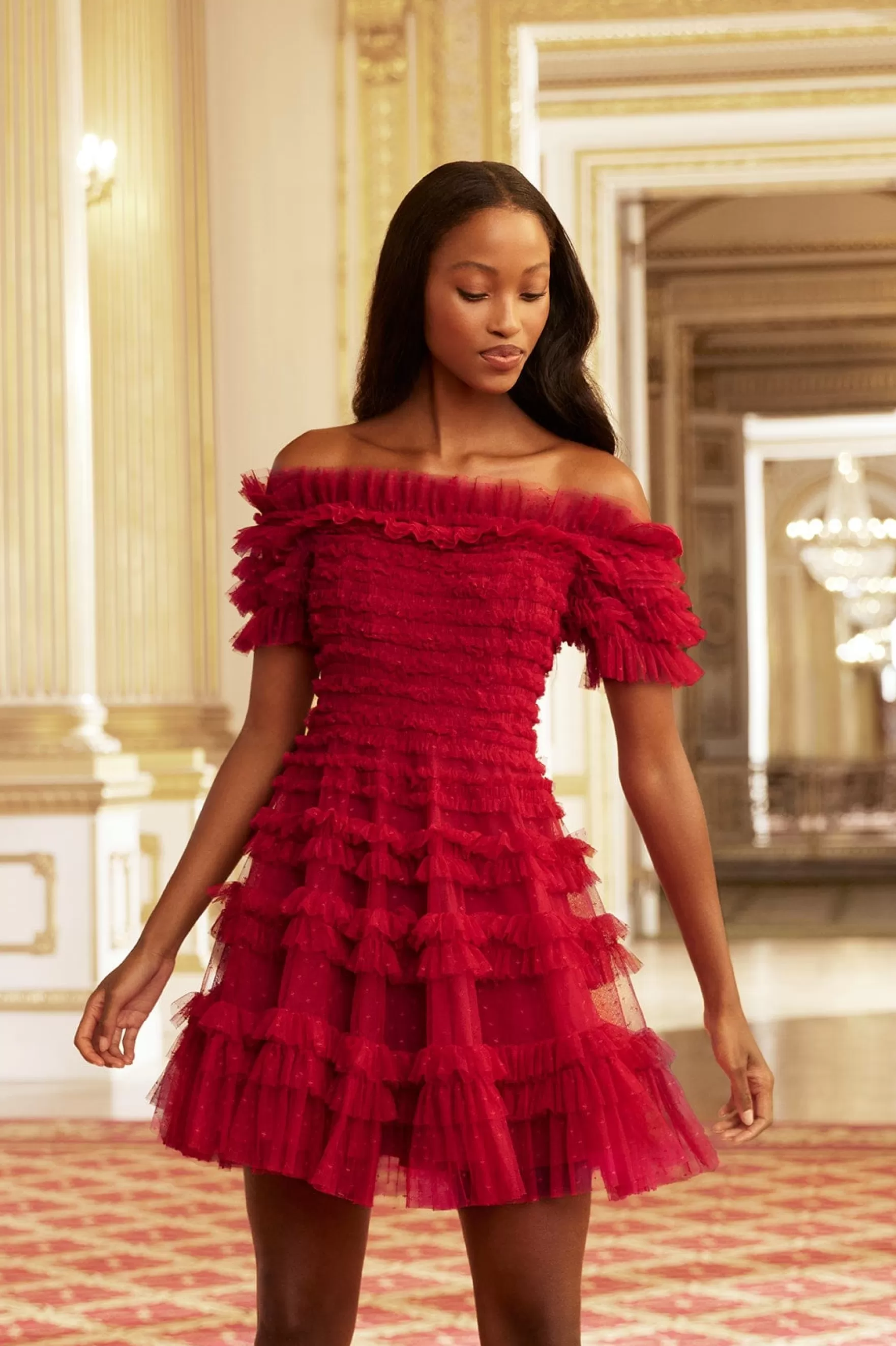 Needle & Thread Mini Dresses>Lisette Ruffle Off Shoulder Micro Mini Dress Red