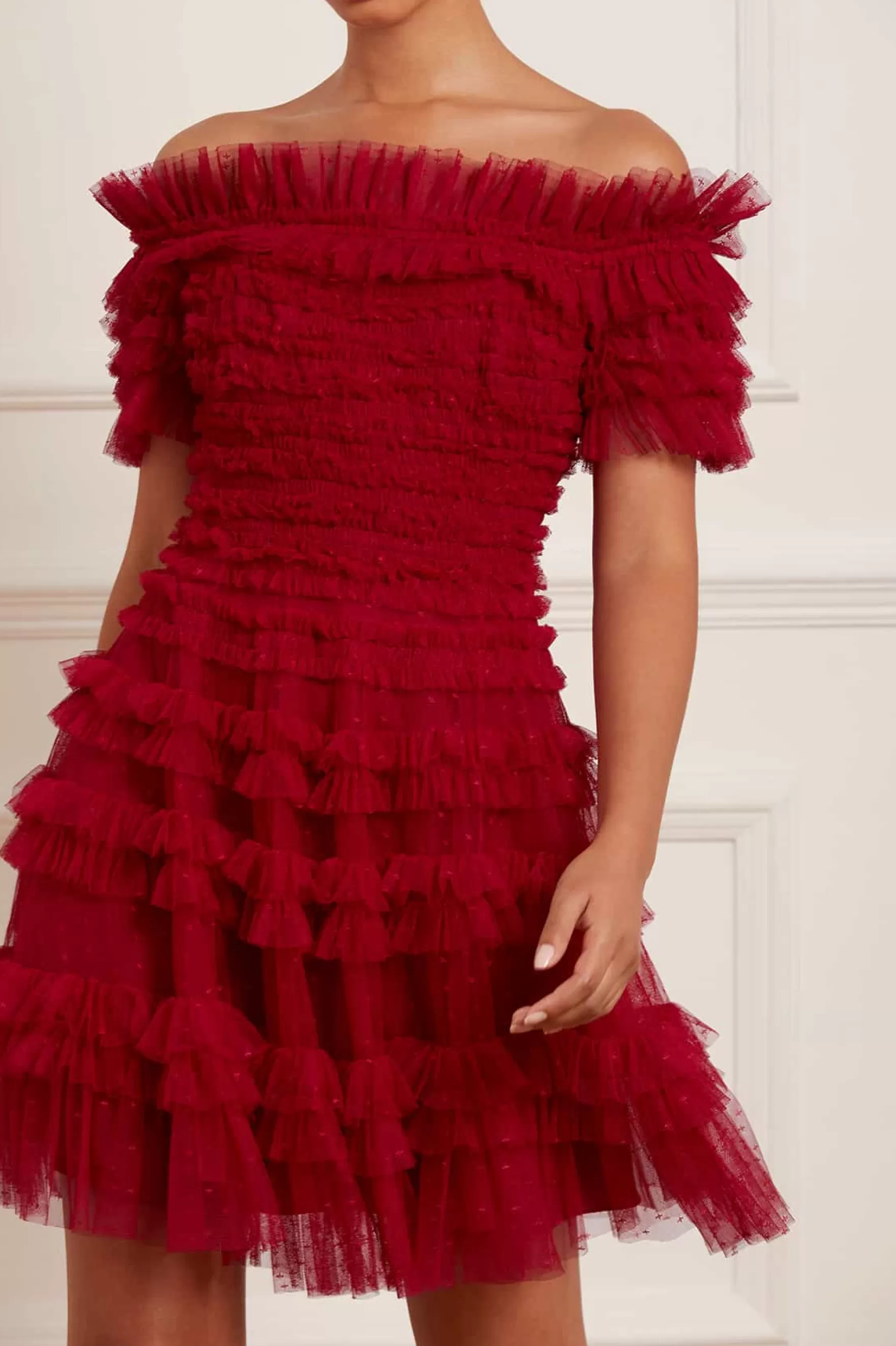 Needle & Thread Mini Dresses>Lisette Ruffle Off Shoulder Micro Mini Dress Red
