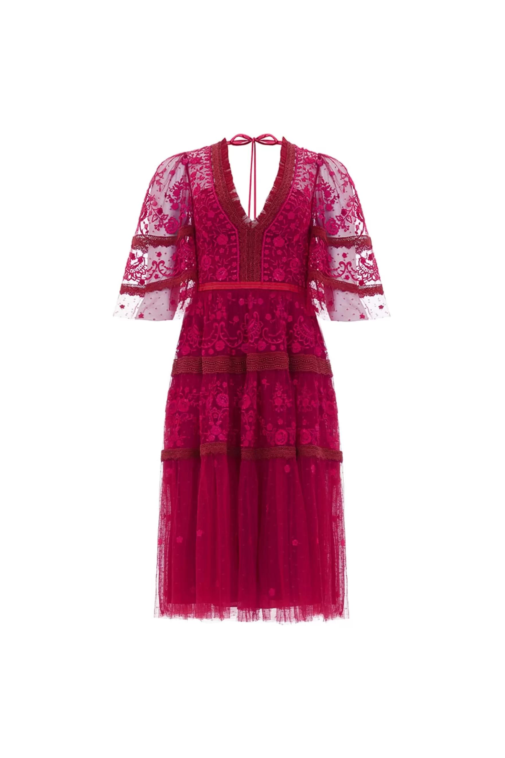 Needle & Thread Plus Size | Embroidered Dresses>Lottie Lace Midi Dress Red