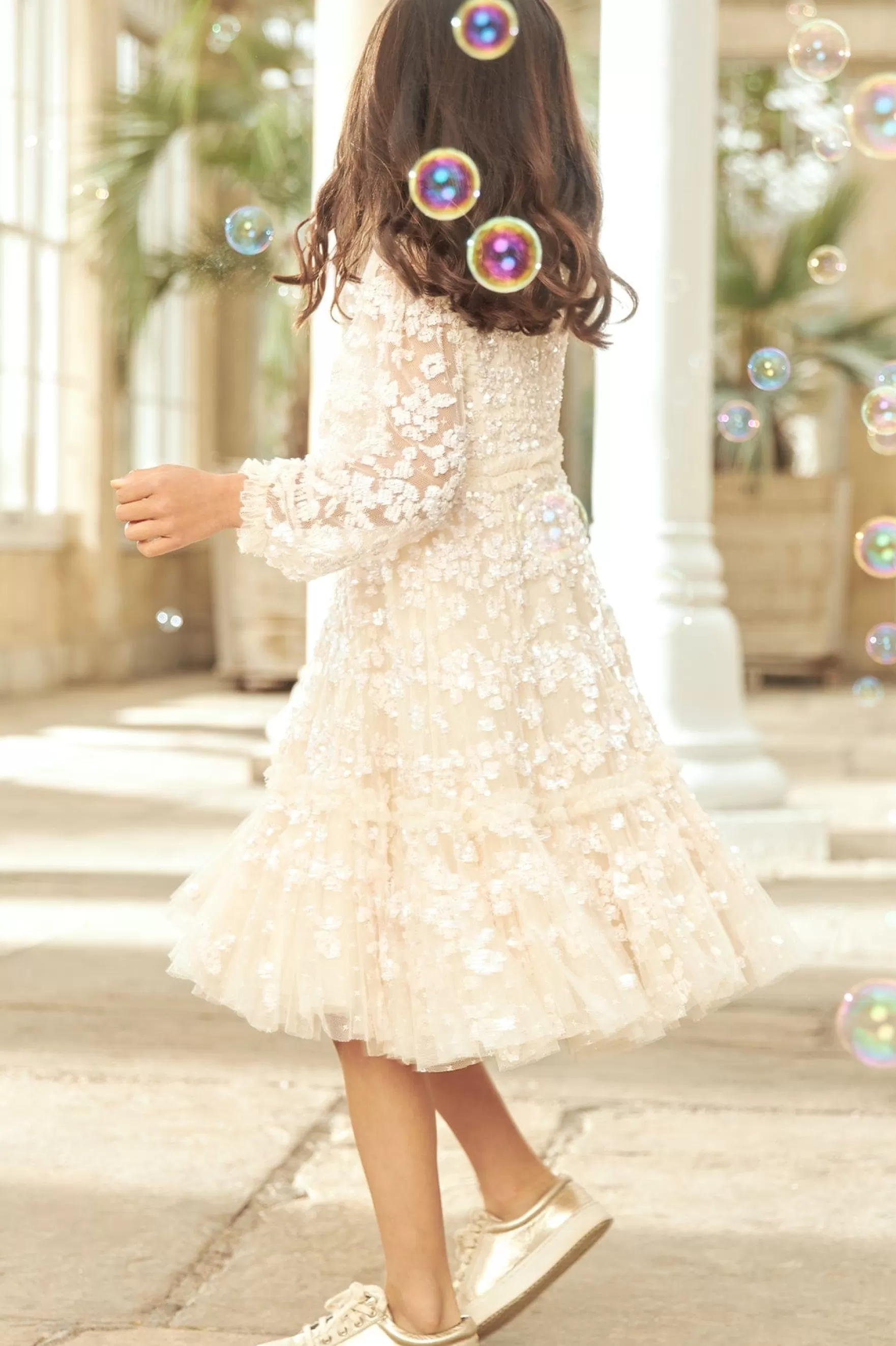 Needle & Thread Flower Girl | Flower Girl>Margot Long Sleeve Kids Dress Champagne