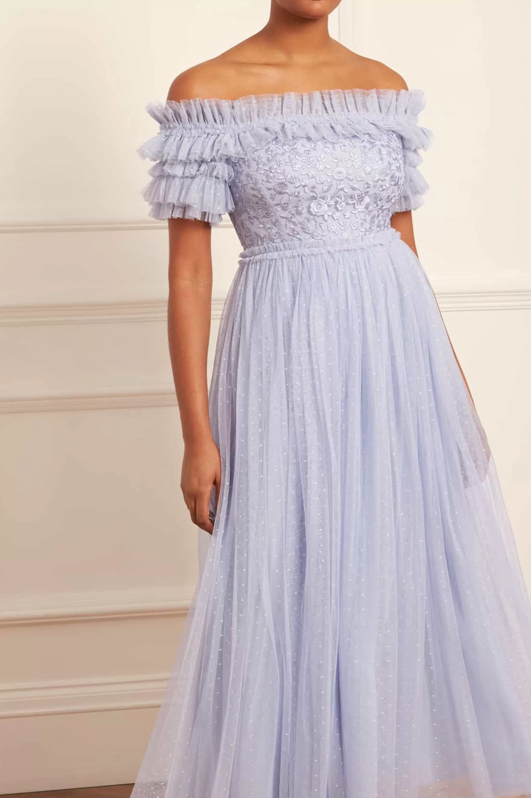 Needle & Thread Bridesmaid | Plus Size>Midsummer Lace Bodice Off-Shoulder Ankle Gown Blue