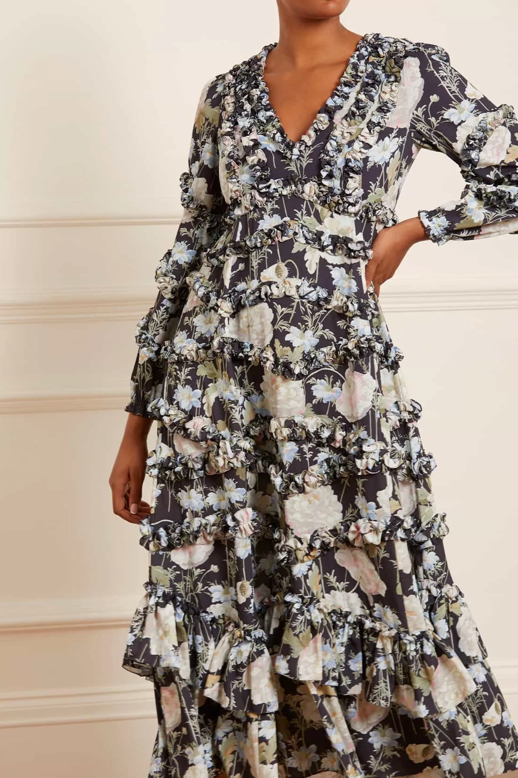 Needle & Thread Wedding Guest | Day Dresses>Moonlight Petals V-Neck Crepe Ankle Gown Black