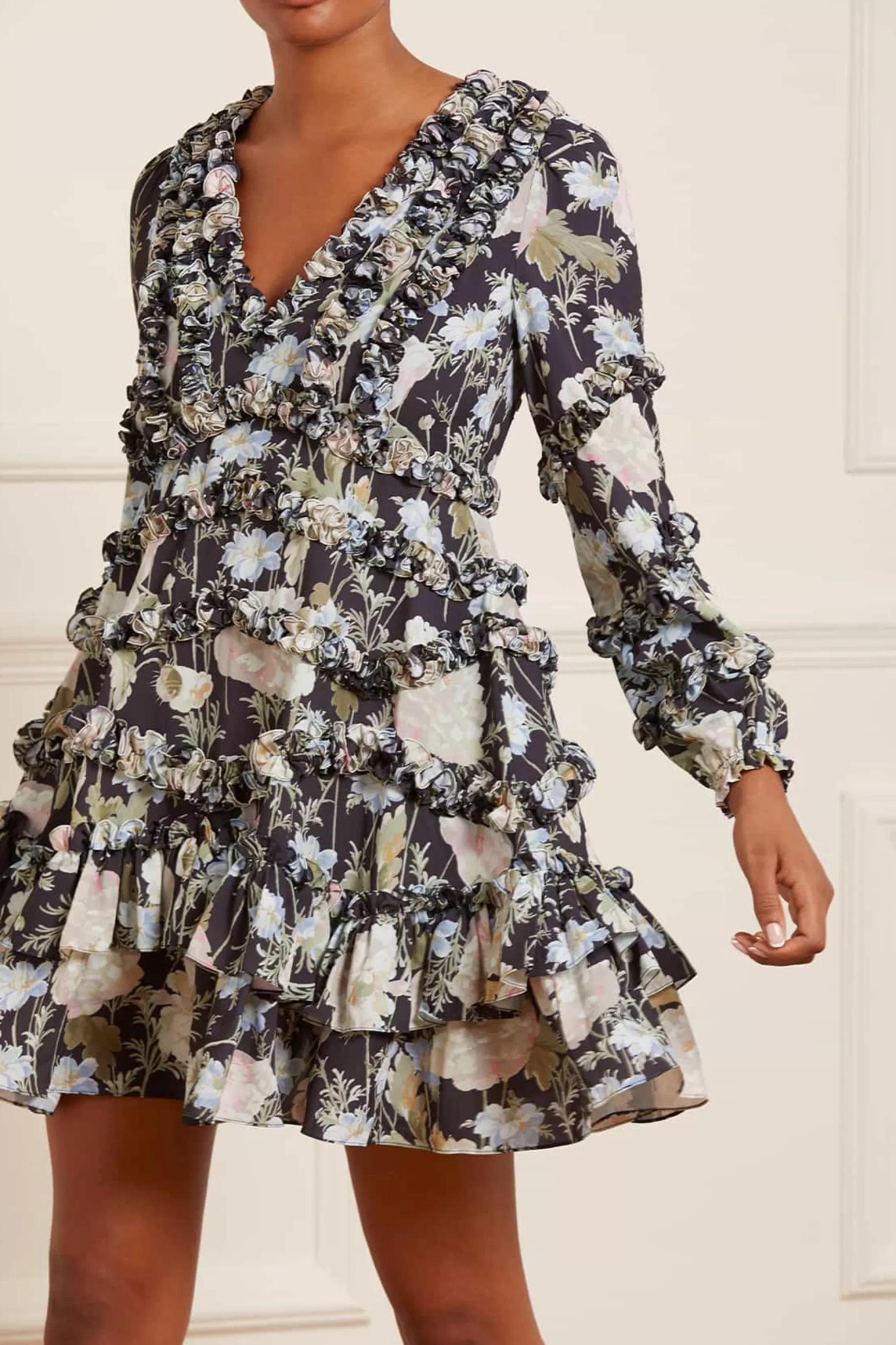 Needle & Thread Wedding Guest | Mini Dresses>Moonlight Petals V-Neck Crepe Micro Mini Dress Black