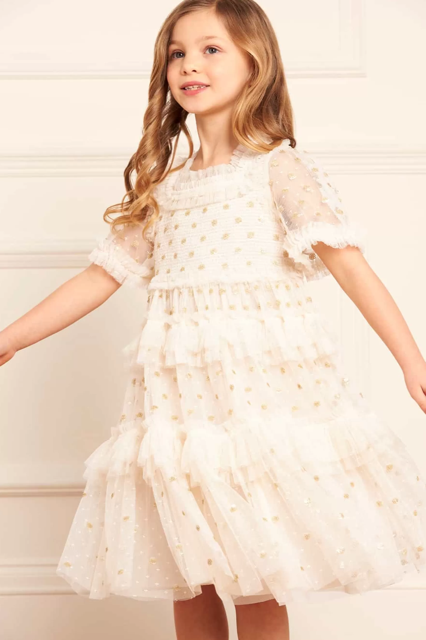 Needle & Thread Embellished Dresses | Mummy & Me>Polka Dot Smocked Kids Dress Champagne