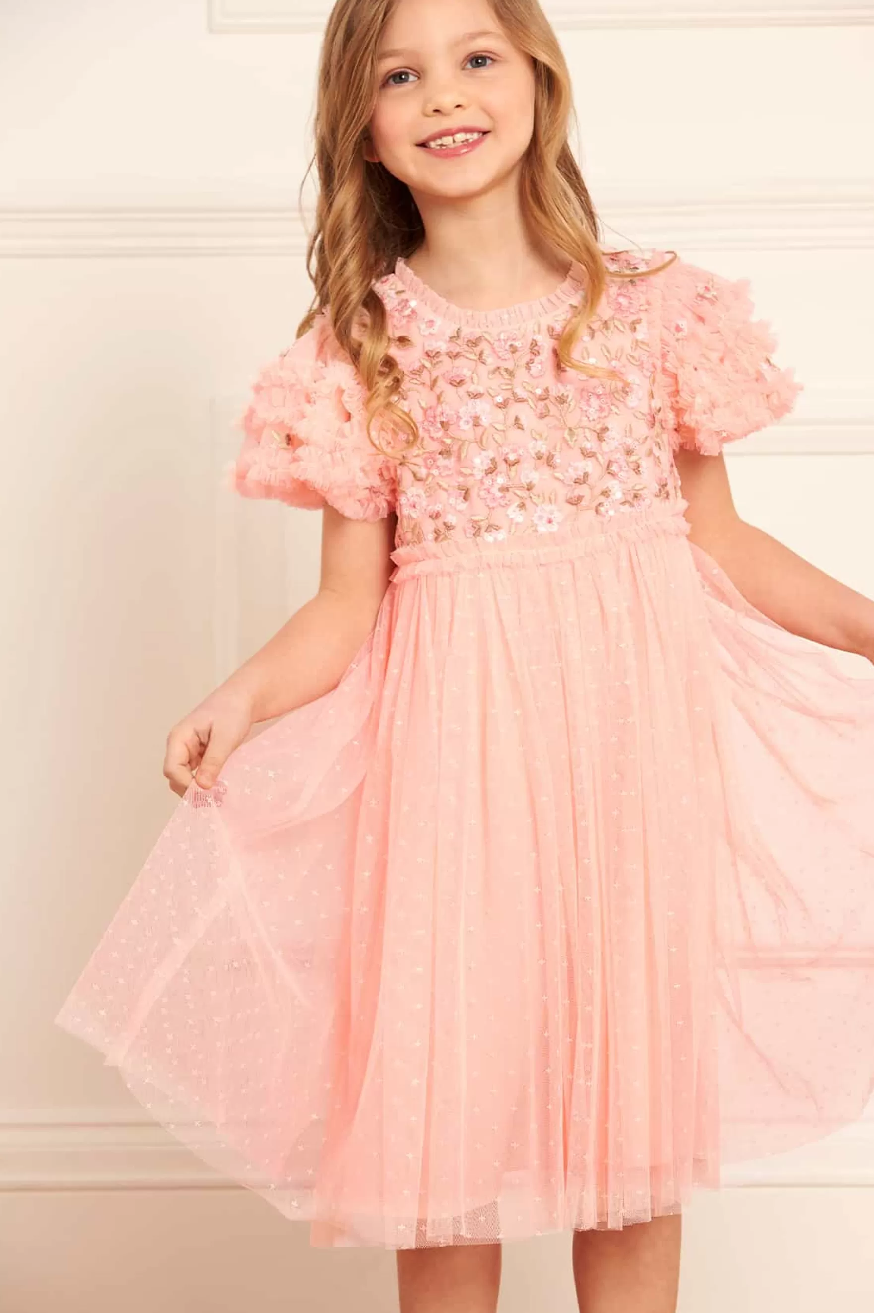 Needle & Thread Embroidered Dresses | Embellished Dresses>Posy Bodice Kids Dress Coral
