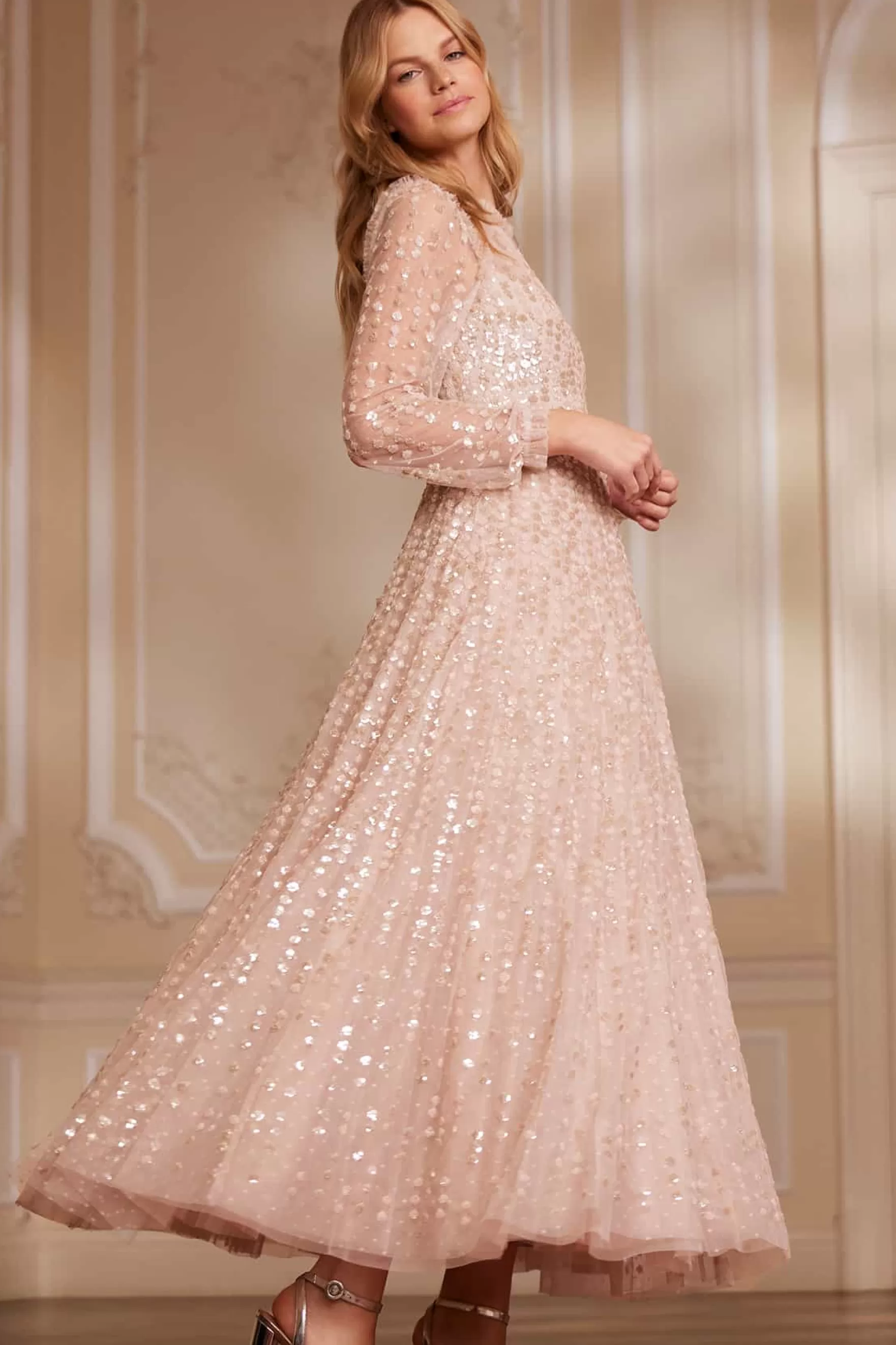 Needle & Thread Mother of the Bride | Evening Dresses>Raindrop Long Sleeve Ankle Gown Beige