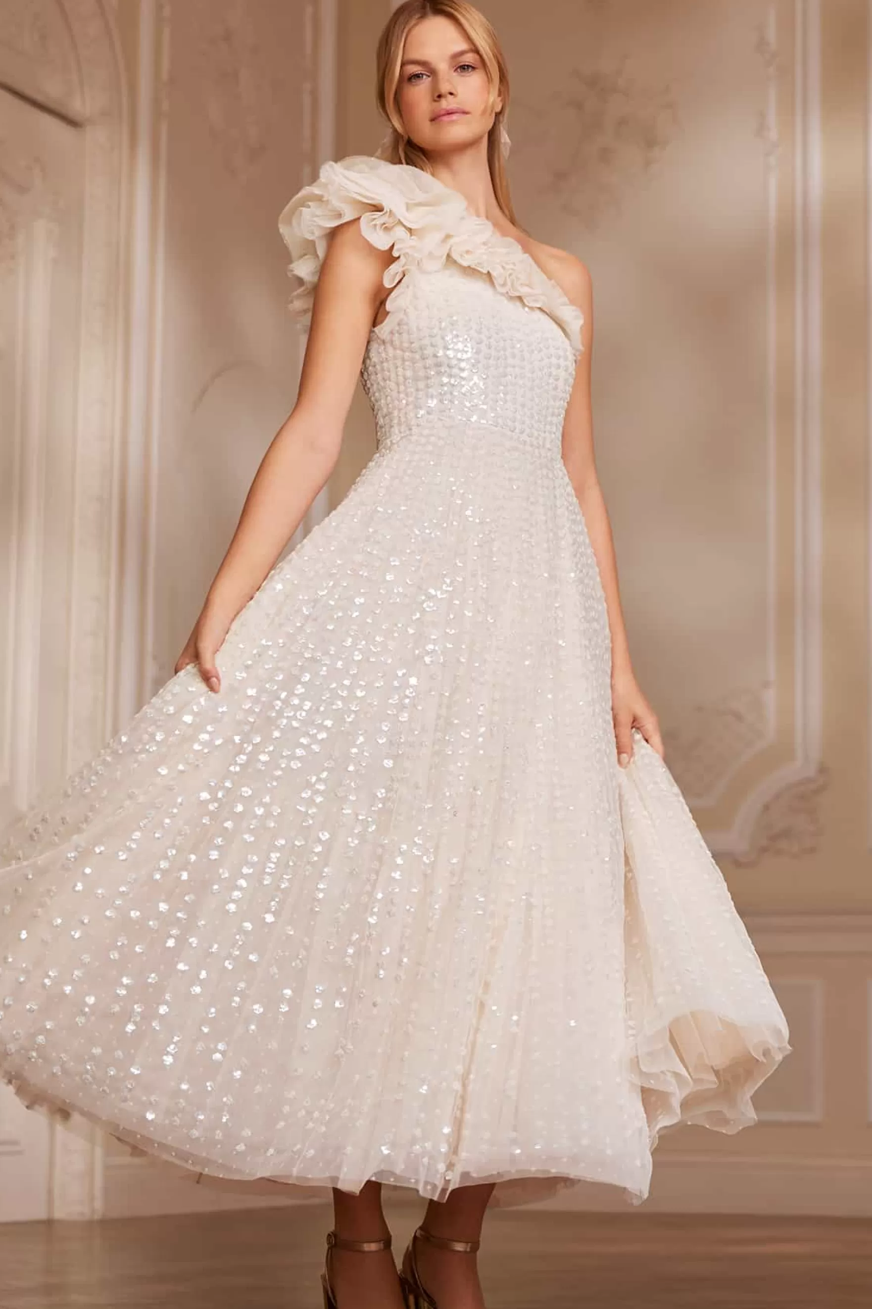 Needle & Thread Bridal | Evening Dresses>Raindrop One-Shoulder Ankle Gown Champagne