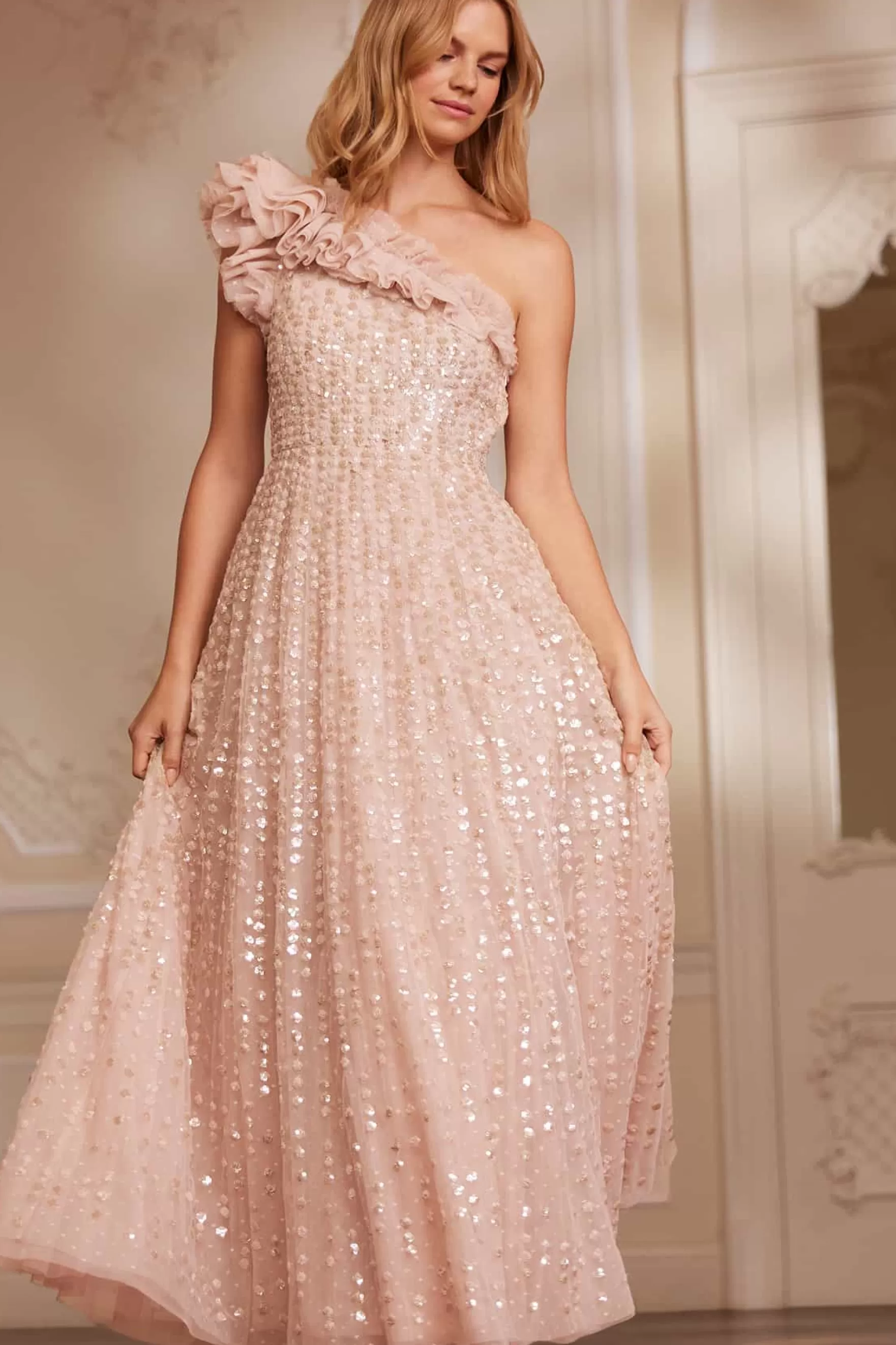 Needle & Thread Mother of the Bride | Evening Dresses>Raindrop One-Shoulder Ankle Gown Beige