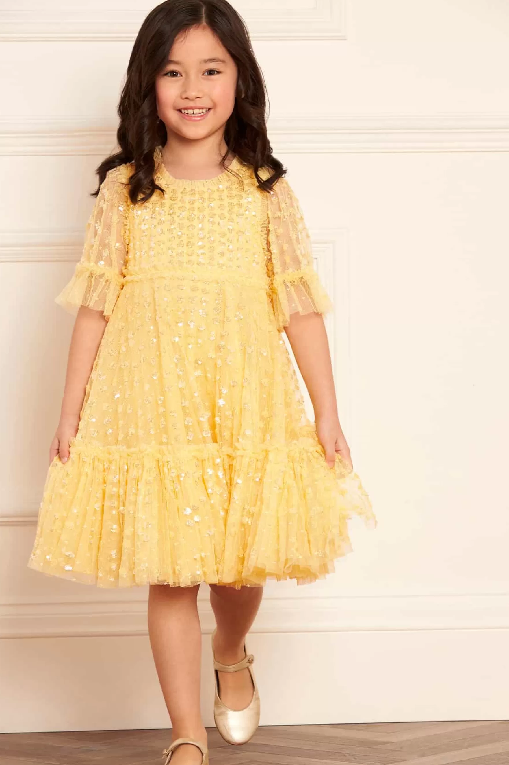 Needle & Thread Embellished Dresses | Responsibly Sourced>Raindrop Sequin Kids Dress Yellow