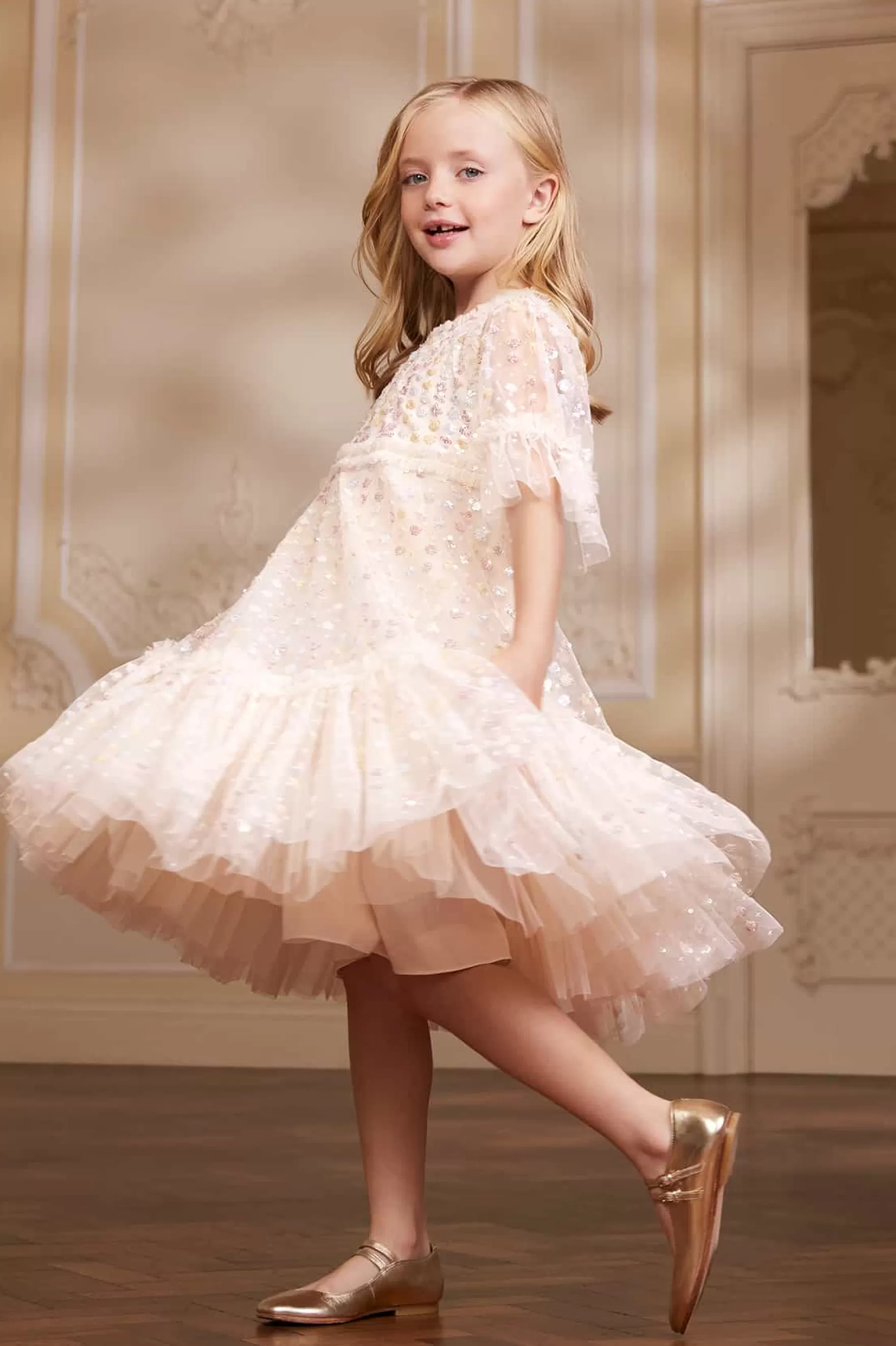 Needle & Thread Embellished Dresses | Responsibly Sourced>Raindrop Sequin Kids Dress Champagne