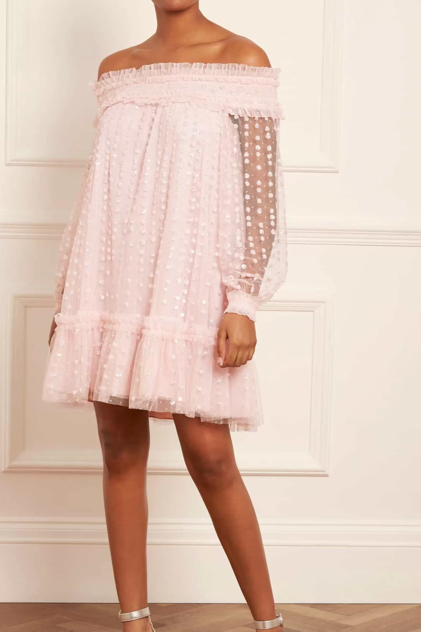 Needle & Thread Plus Size | Mini Dresses>Raindrop Smocked Gloss Off-Shoulder Micro Mini Dress Pink