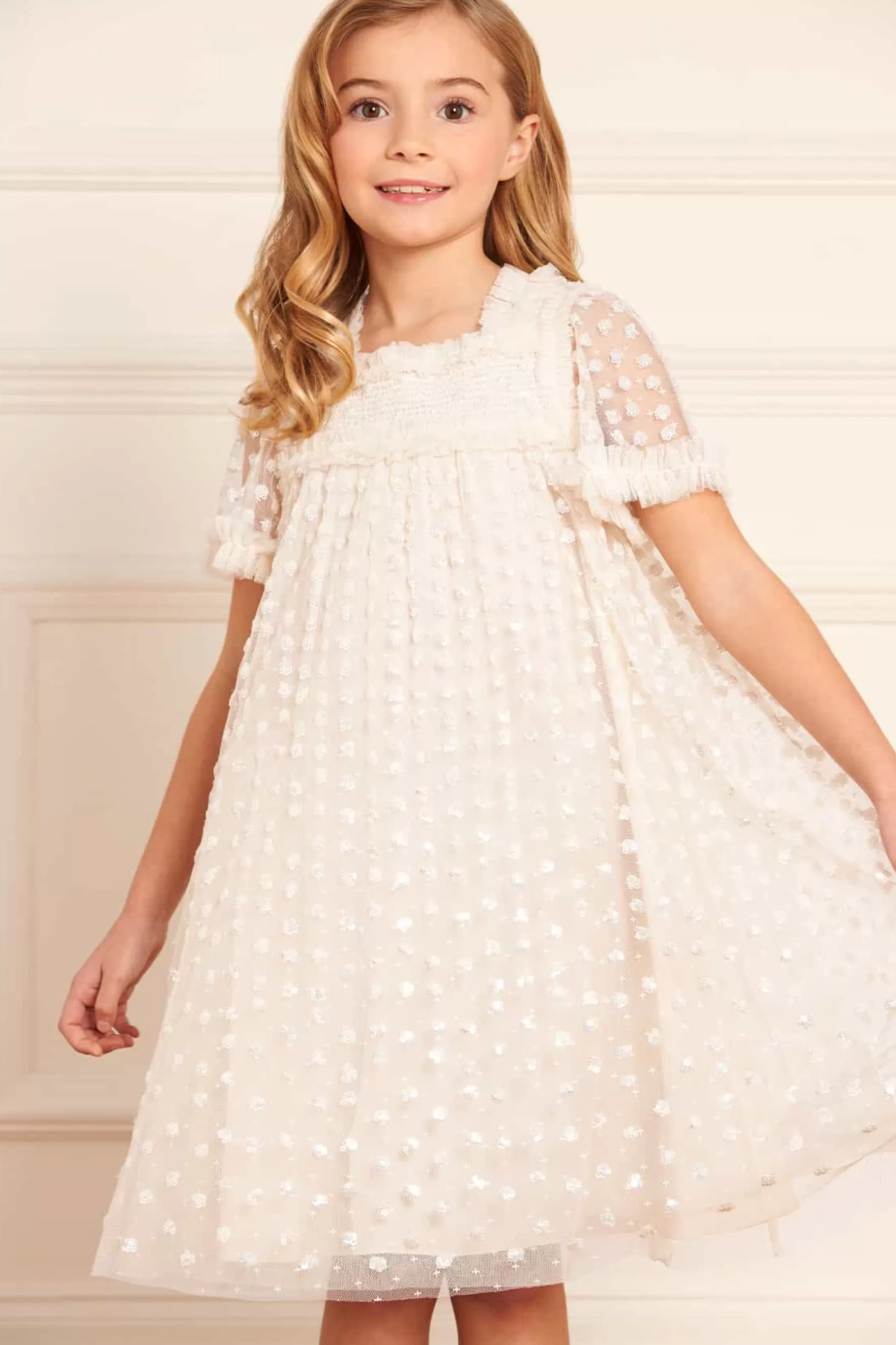 Needle & Thread Flower Girl | Flower Girl>Raindrop Smocked Kids Dress Champagne