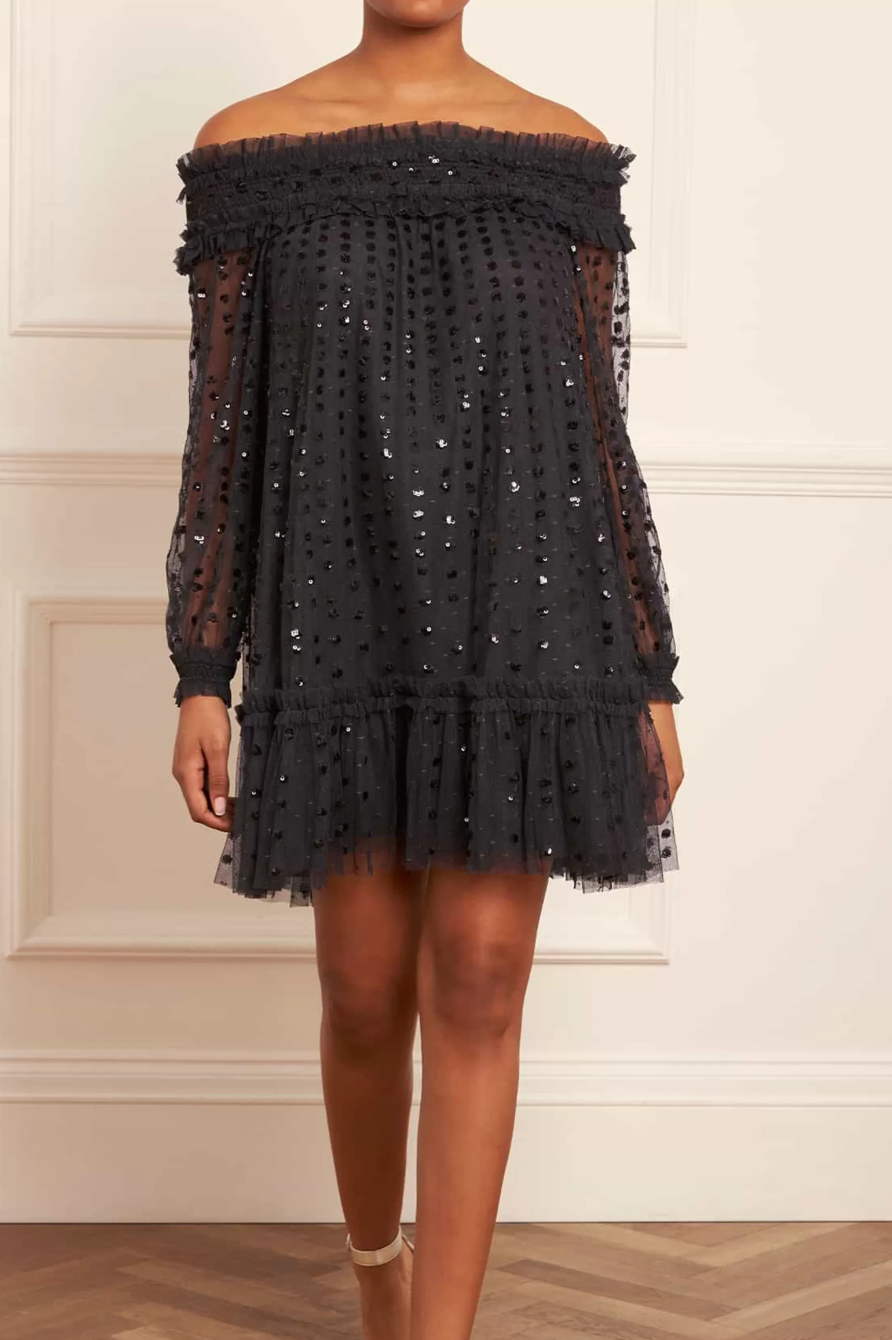Needle & Thread Plus Size | Mini Dresses>Raindrop Smocked Off-Shoulder Micro Mini Dress Black