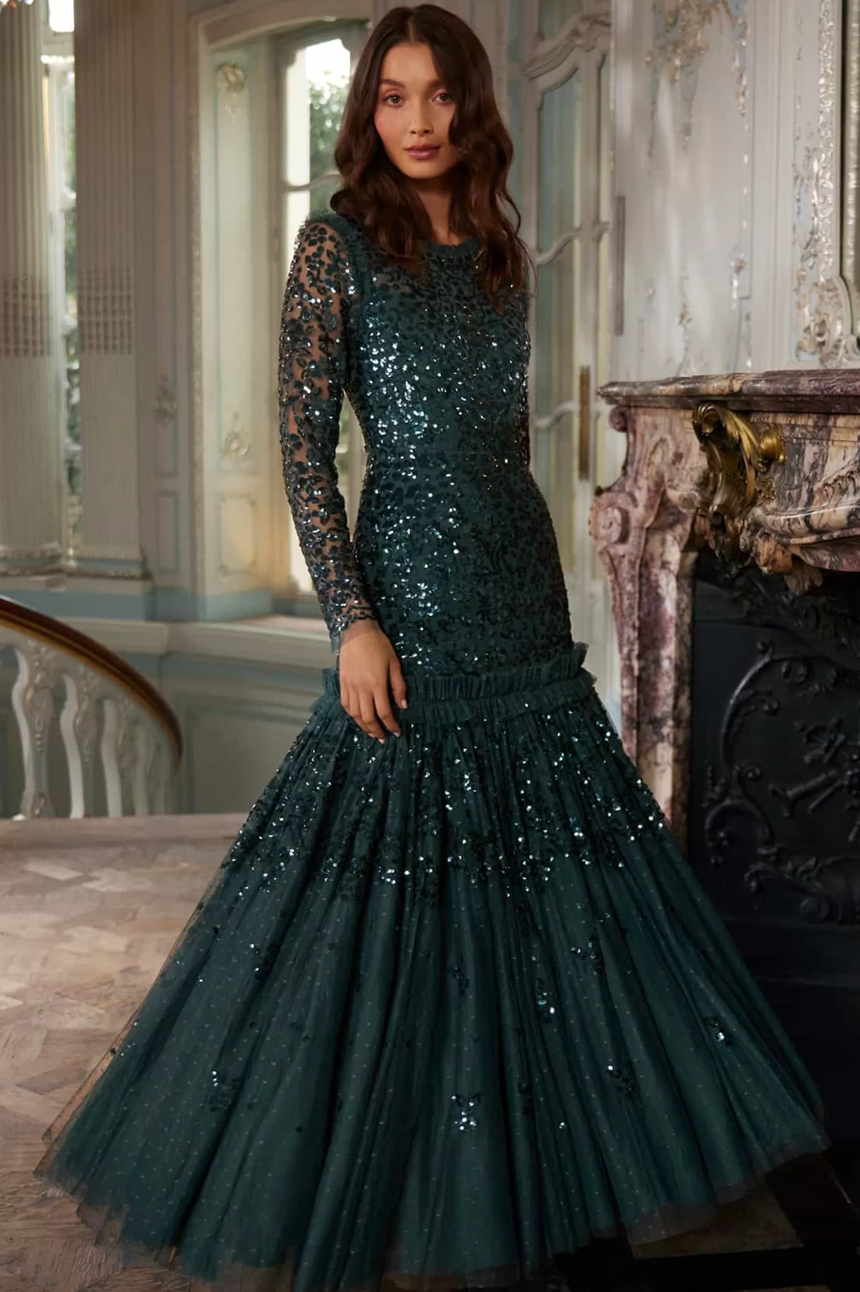Needle & Thread Evening Dresses | All-Womenswear>Regal Rose Long Sleeve Gown Green