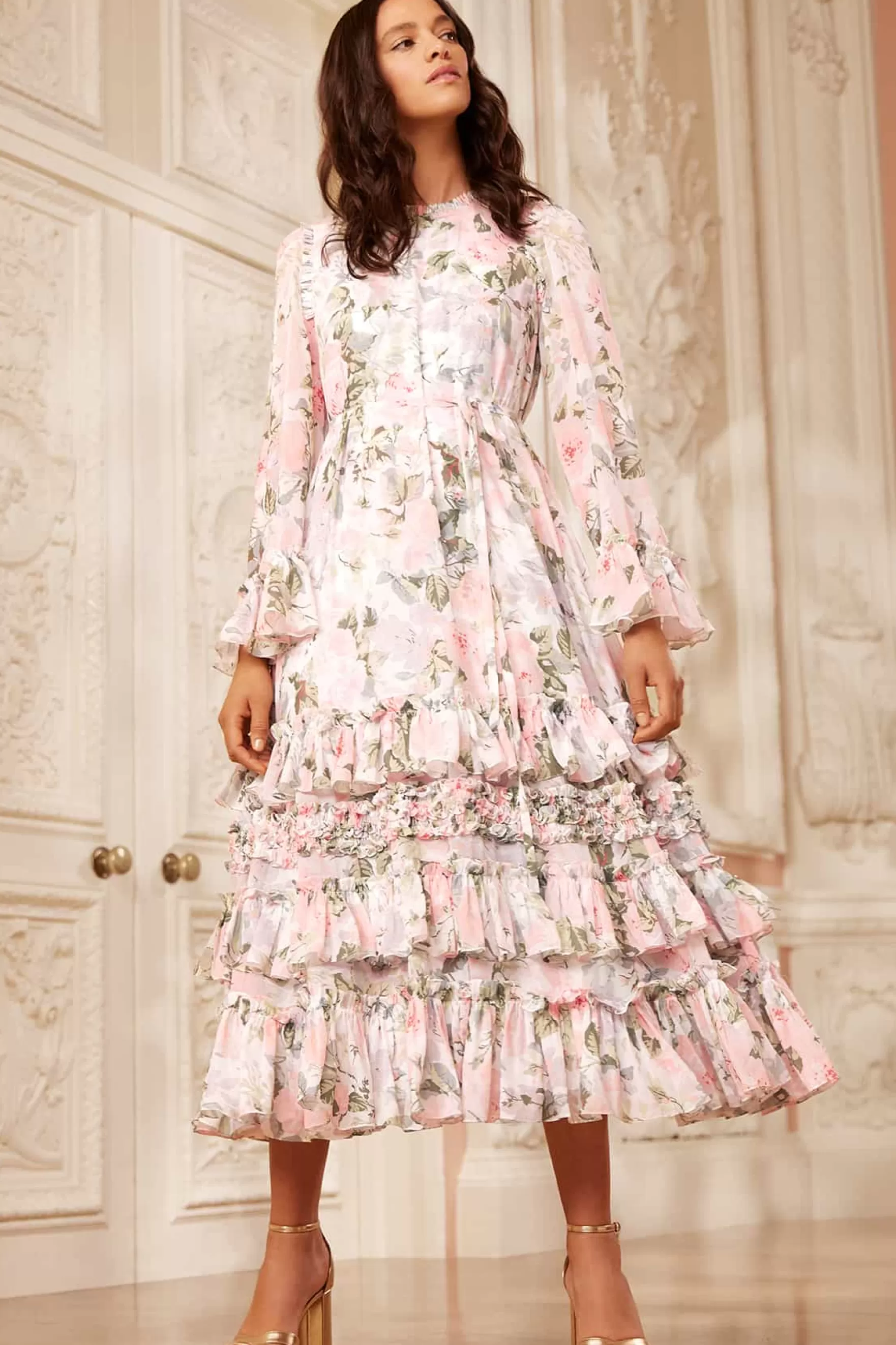 Needle & Thread Wedding Guest | Plus Size>Rose Powder Chiffon Round Neck Ankle Gown Multi