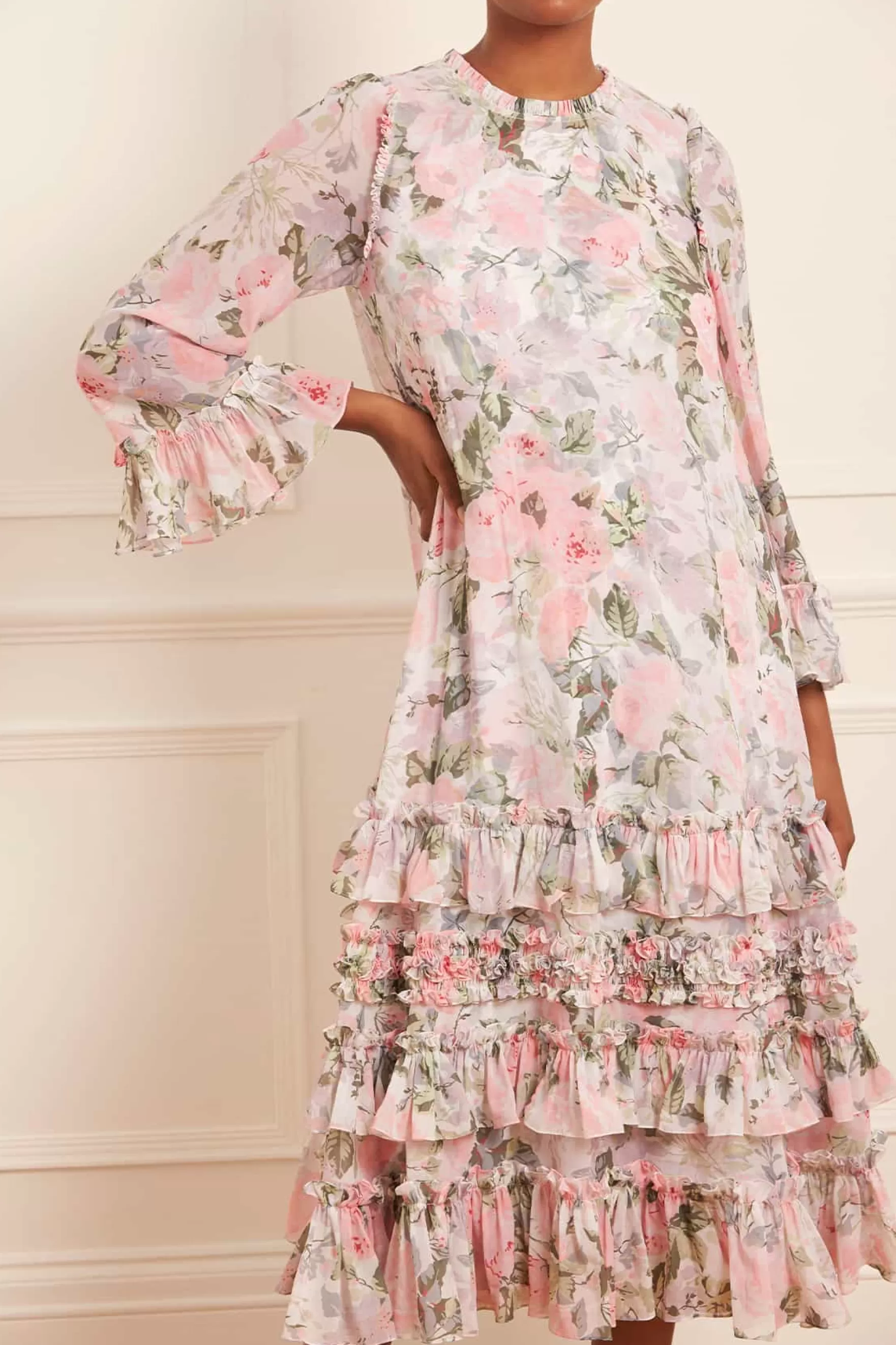 Needle & Thread Wedding Guest | Plus Size>Rose Powder Chiffon Round Neck Ankle Gown Multi
