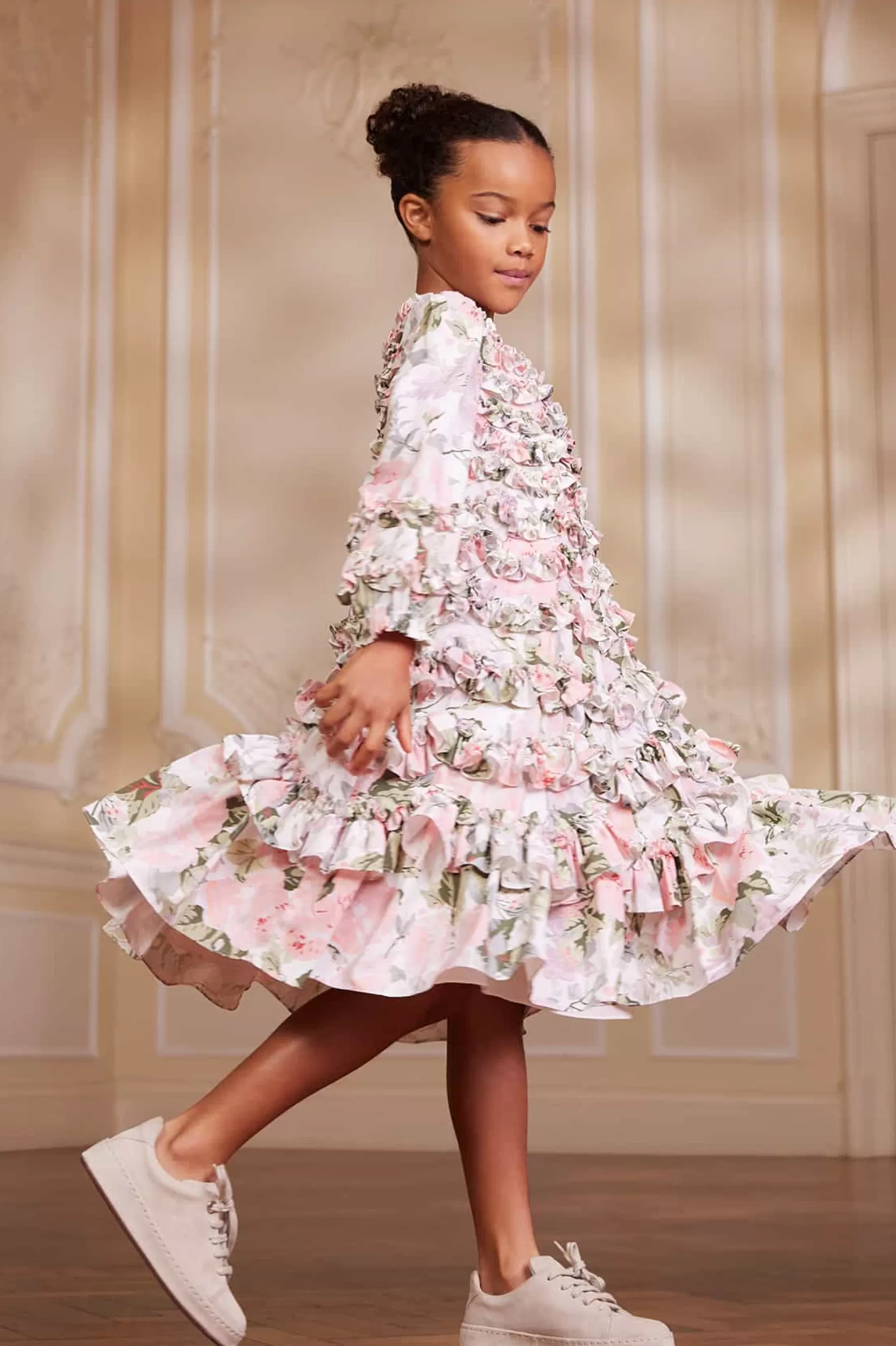 Needle & Thread Printed Dresses>Rose Powder Crepe Kids Dress Multi