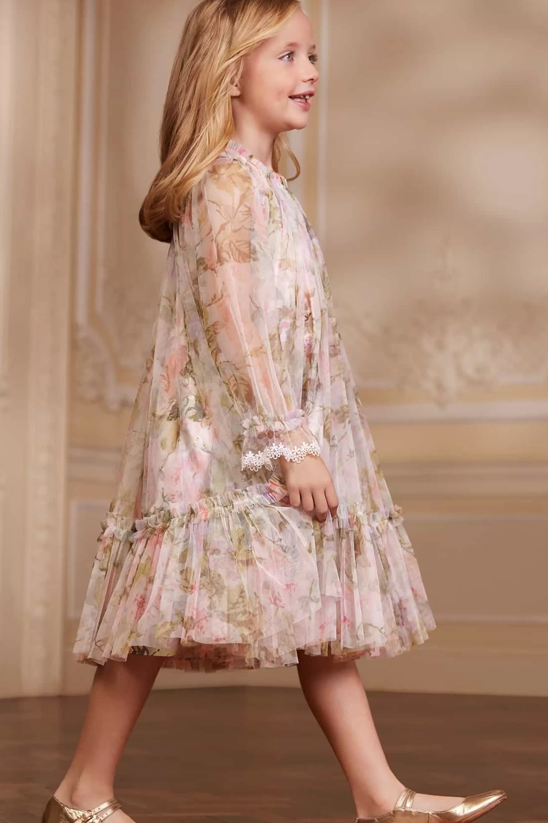 Needle & Thread Printed Dresses>Rose Powder Long Sleeve Kids Dress Multi