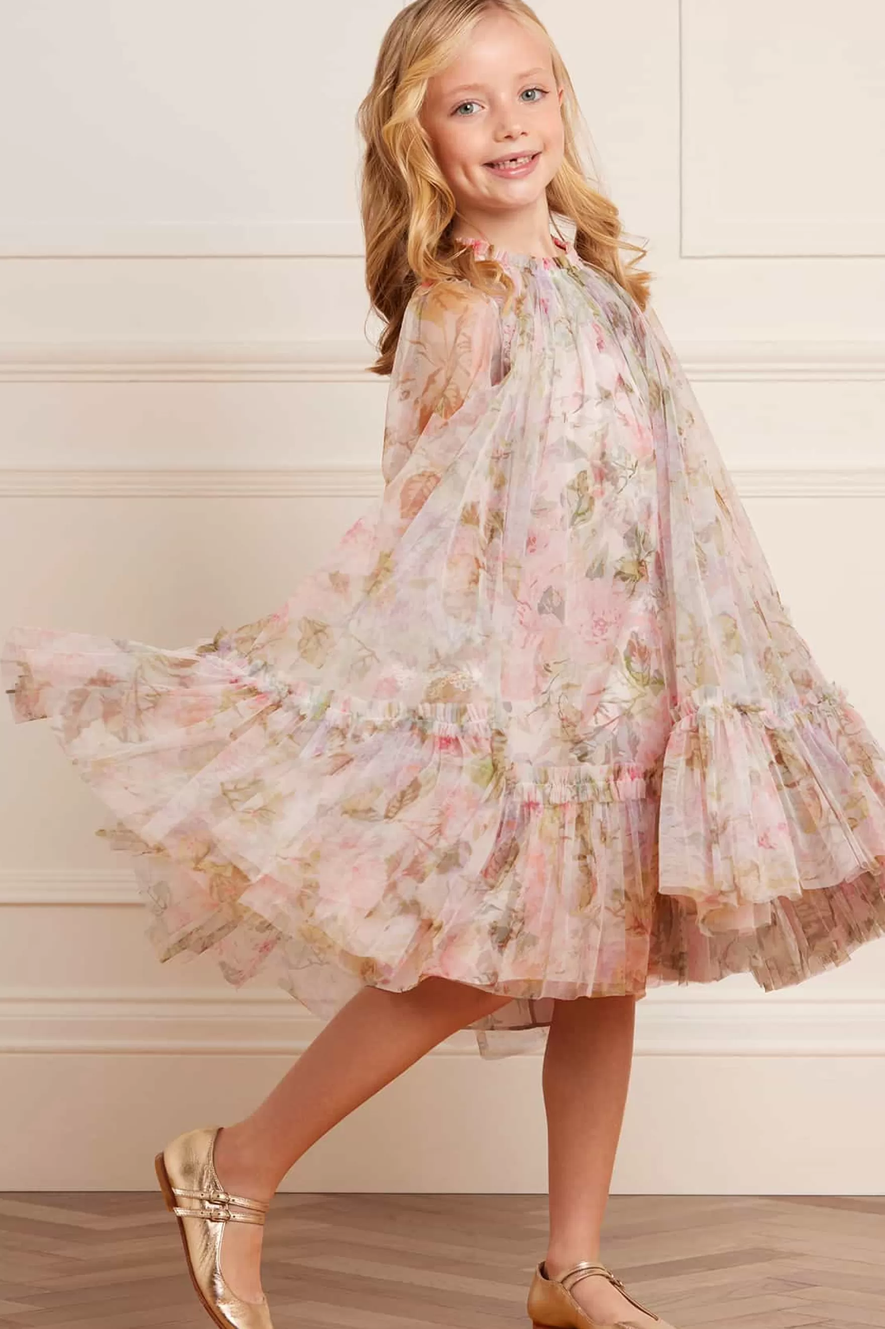Needle & Thread Printed Dresses>Rose Powder Long Sleeve Kids Dress Multi