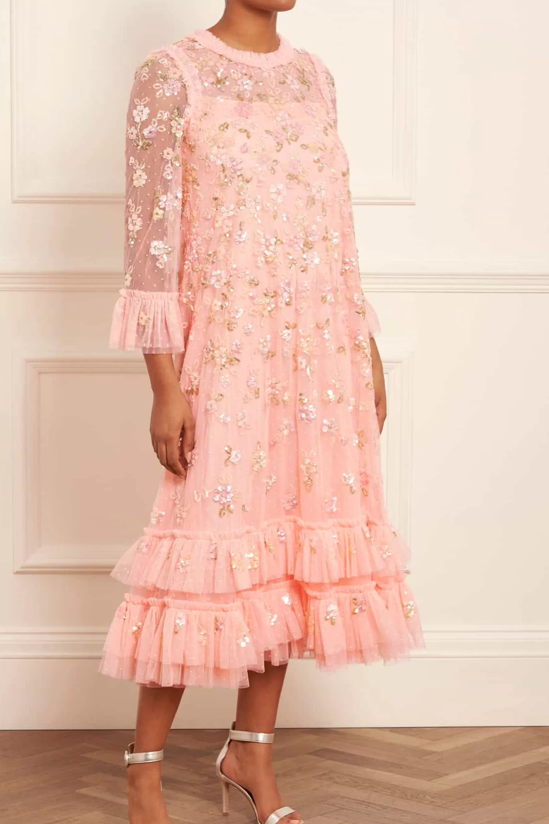 Needle & Thread Plus Size | Flattering Fit>Sequin Bloom Gloss Ballerina Dress Coral