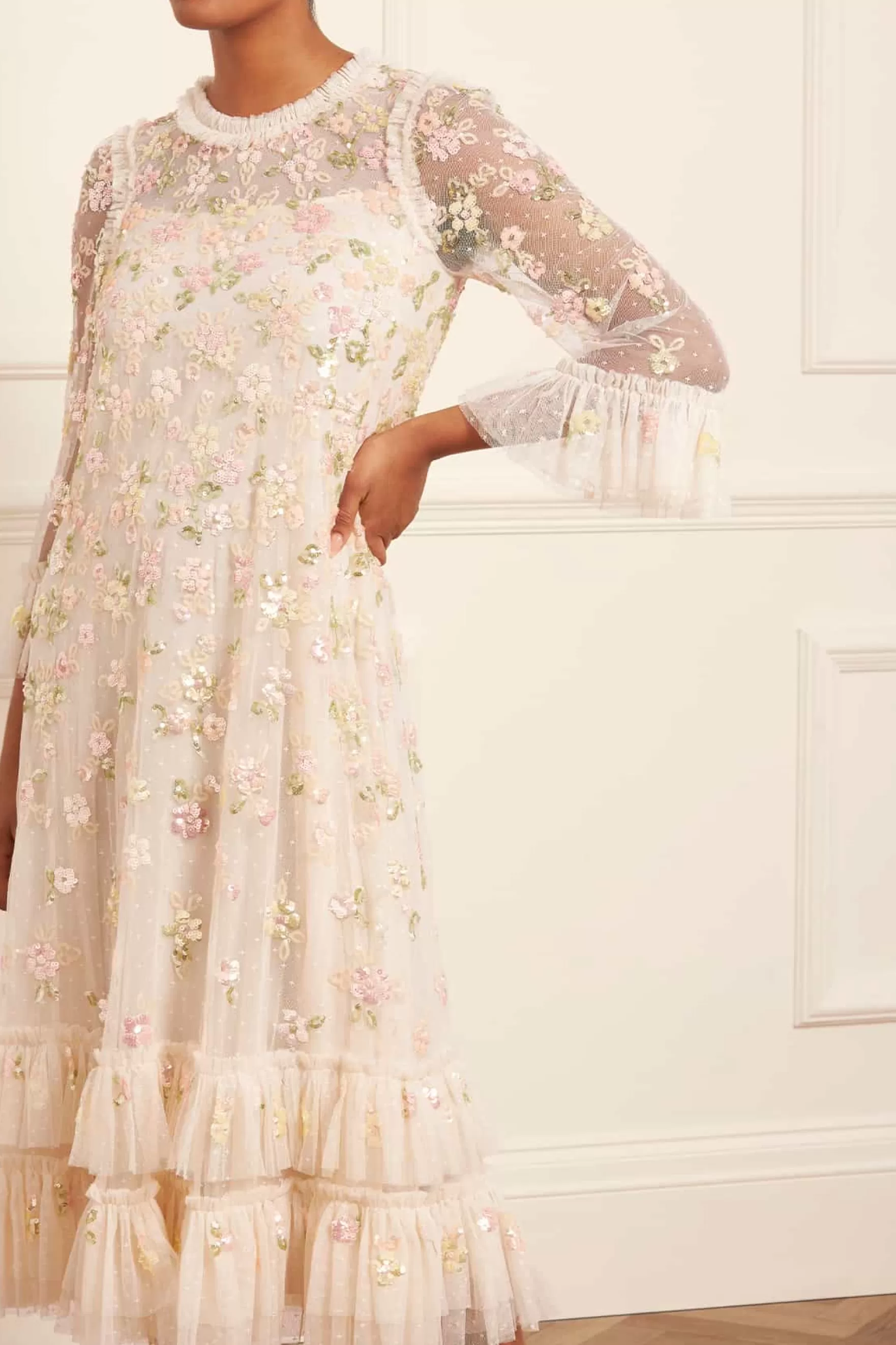 Needle & Thread Plus Size | Flattering Fit>Sequin Bloom Gloss Ballerina Dress Champagne