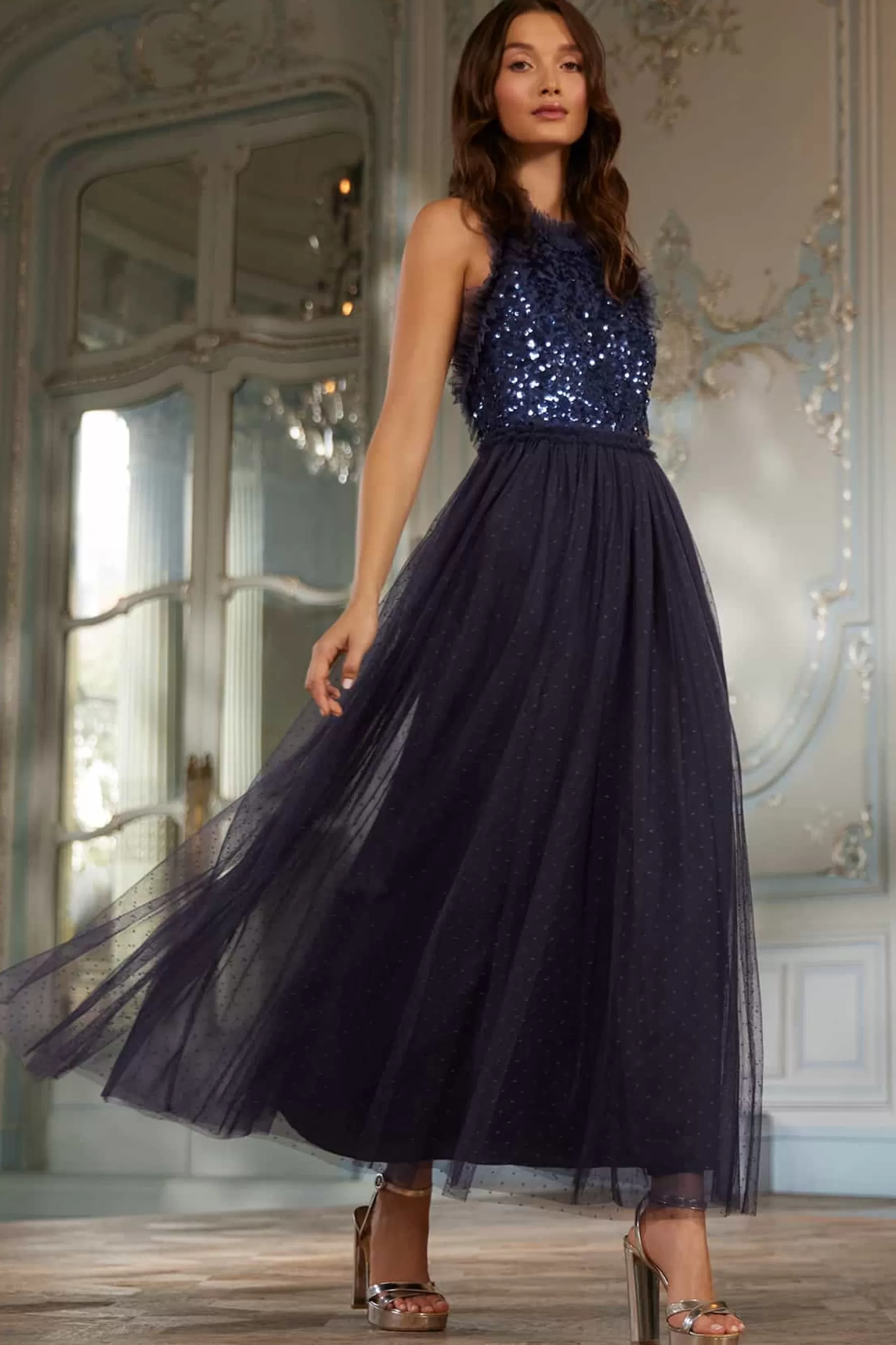 Needle & Thread Bridesmaid | Evening Dresses>Sequin Wreath Bodice Halter Neck Ankle Gown Blue