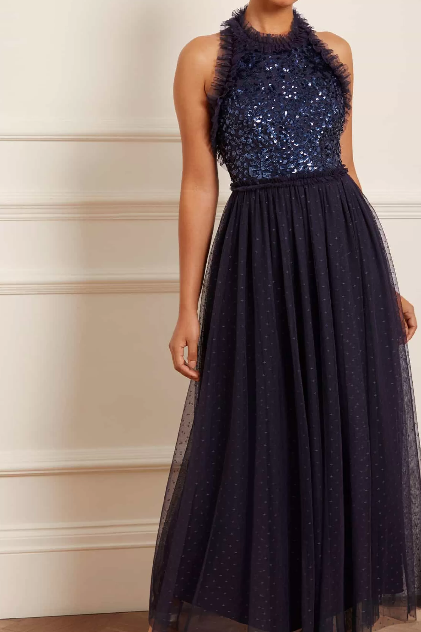 Needle & Thread Bridesmaid | Evening Dresses>Sequin Wreath Bodice Halter Neck Ankle Gown Blue