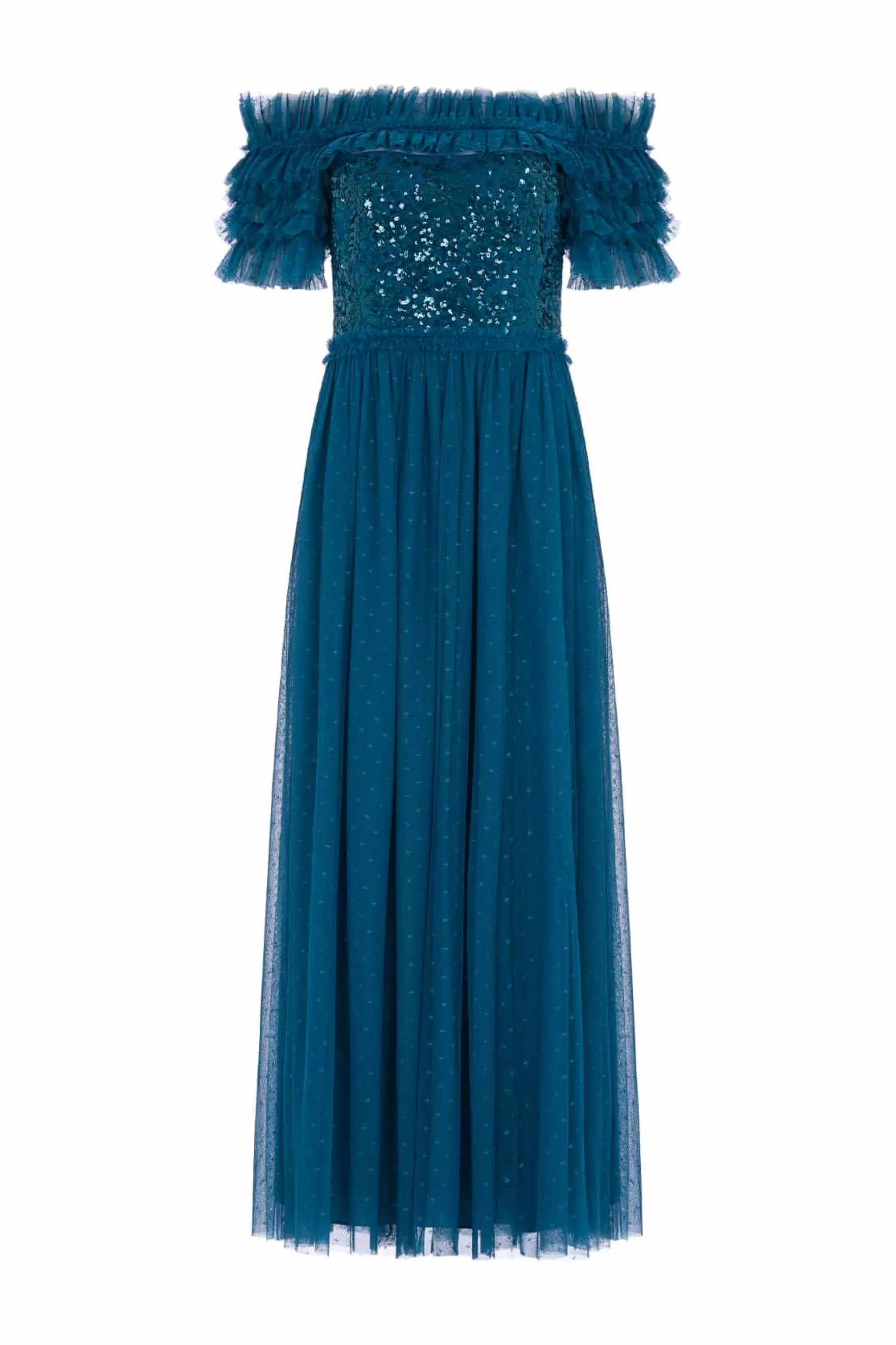 Needle & Thread Bridesmaid | Plus Size>Sequin Wreath Bodice Off-Shoulder Ankle Gown Blue