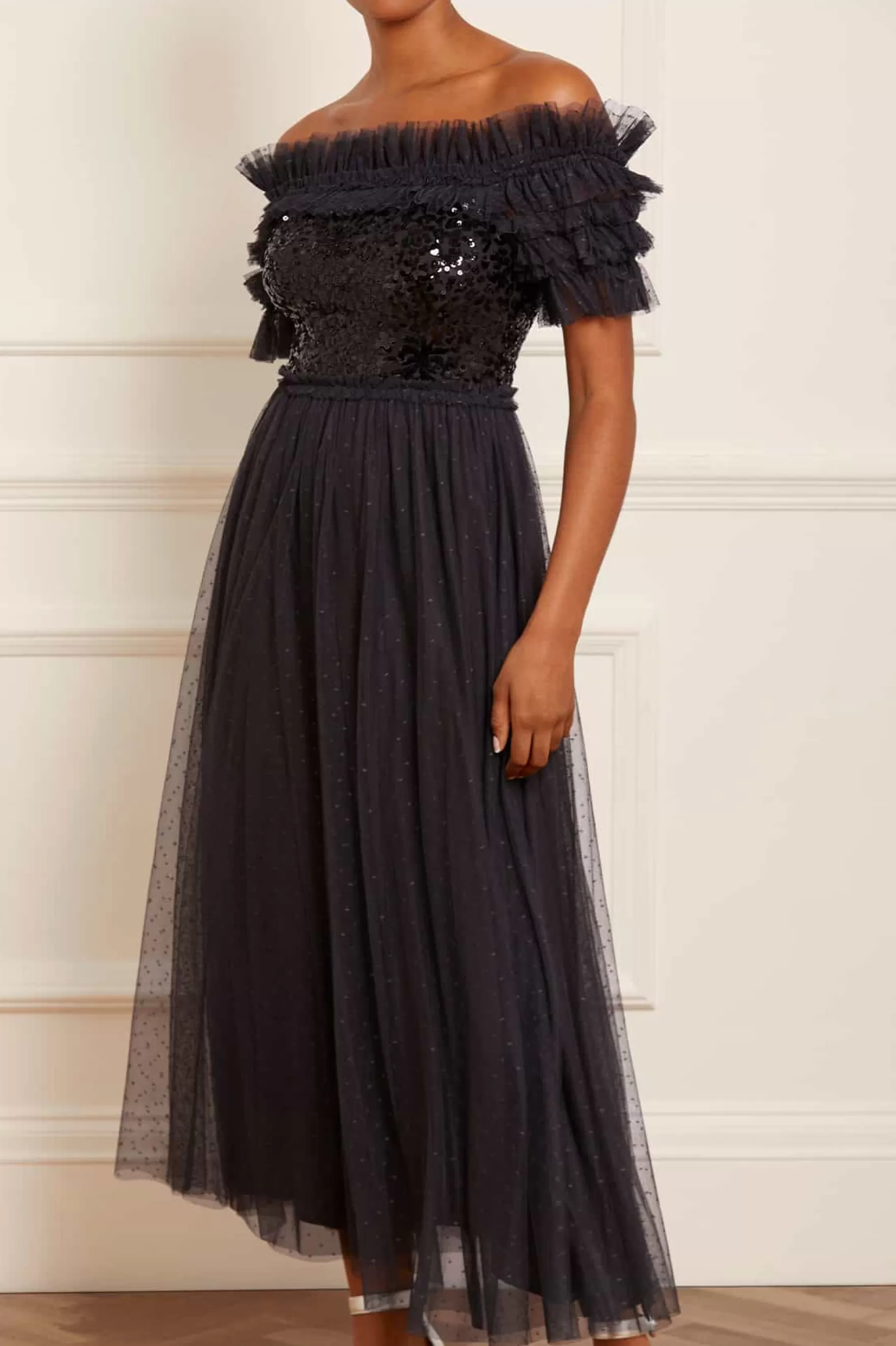 Needle & Thread Bridesmaid | Plus Size>Sequin Wreath Bodice Off-Shoulder Ankle Gown Black