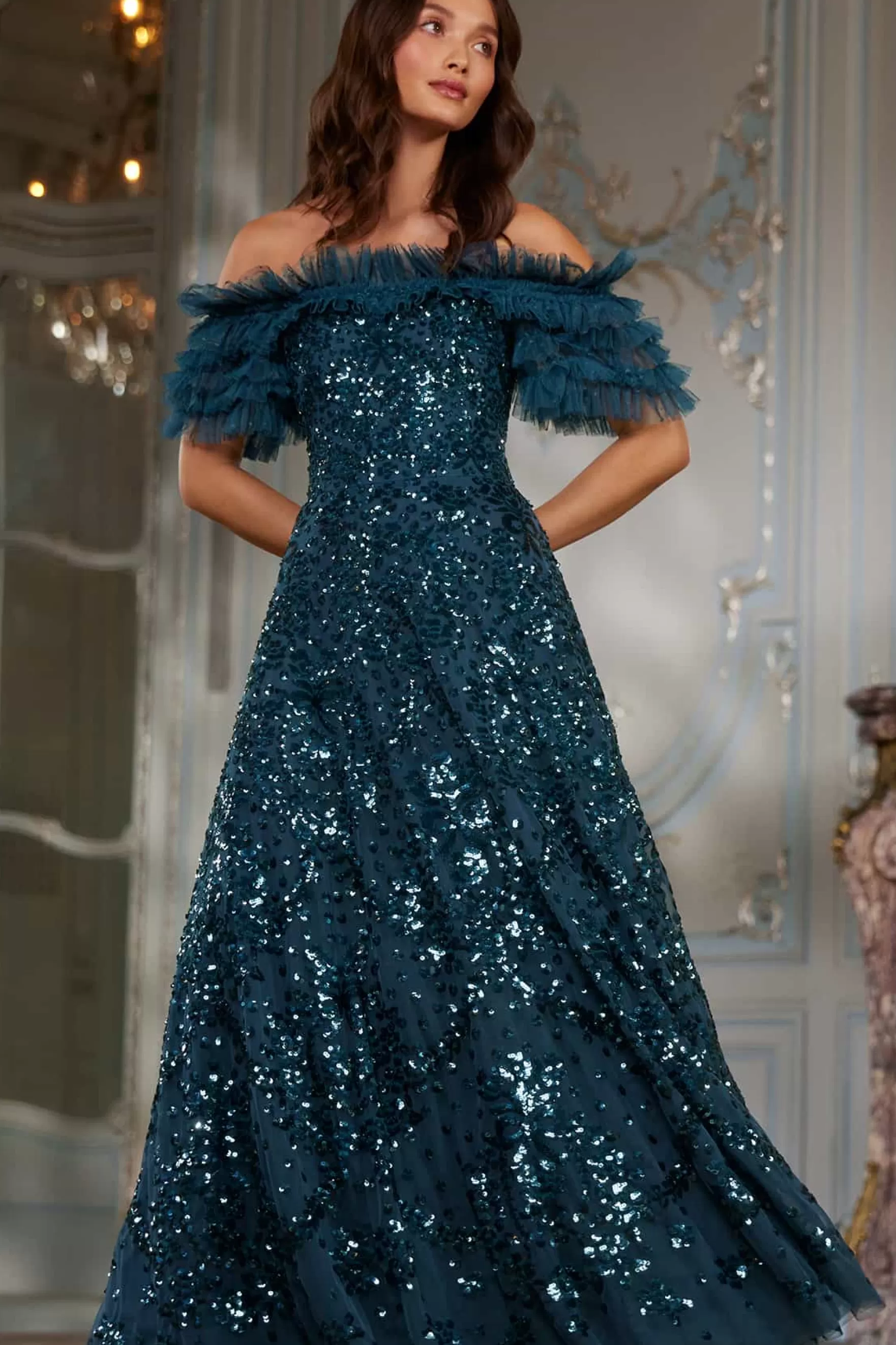 Needle & Thread Mother of the Bride | Evening Dresses>Sequin Wreath Off-Shoulder Gown Blue