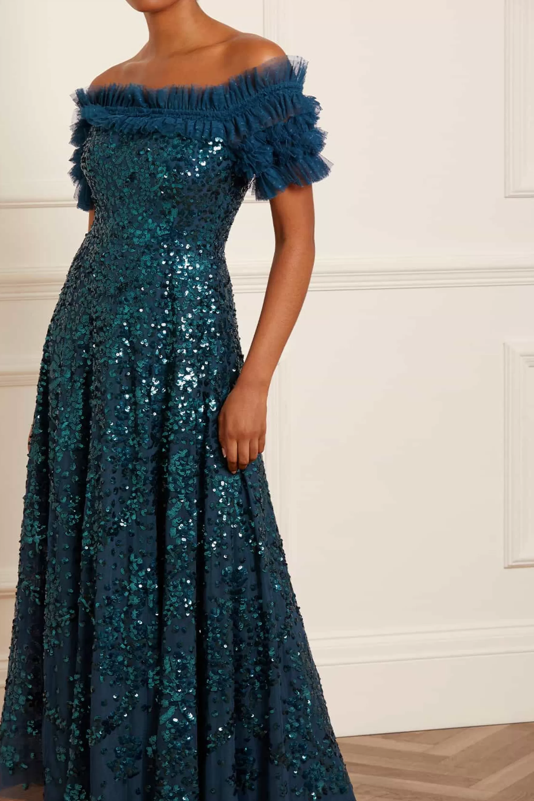 Needle & Thread Mother of the Bride | Evening Dresses>Sequin Wreath Off-Shoulder Gown Blue