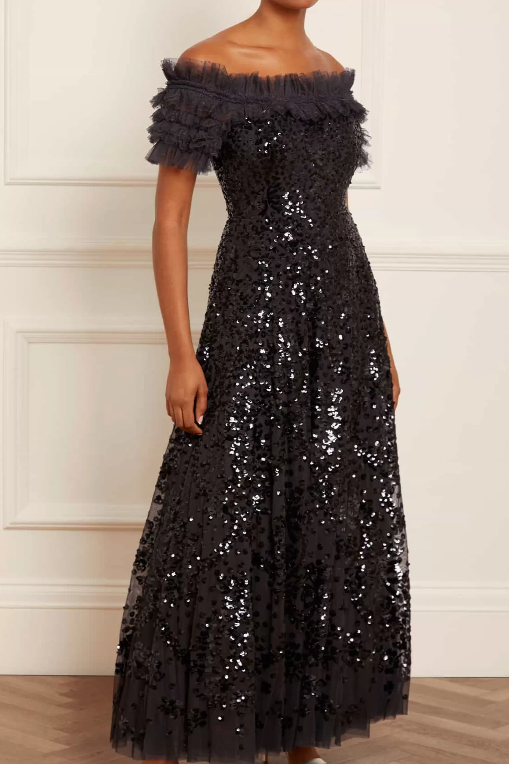 Needle & Thread Mother of the Bride | Plus Size>Sequin Wreath Off-Shoulder Gown Black