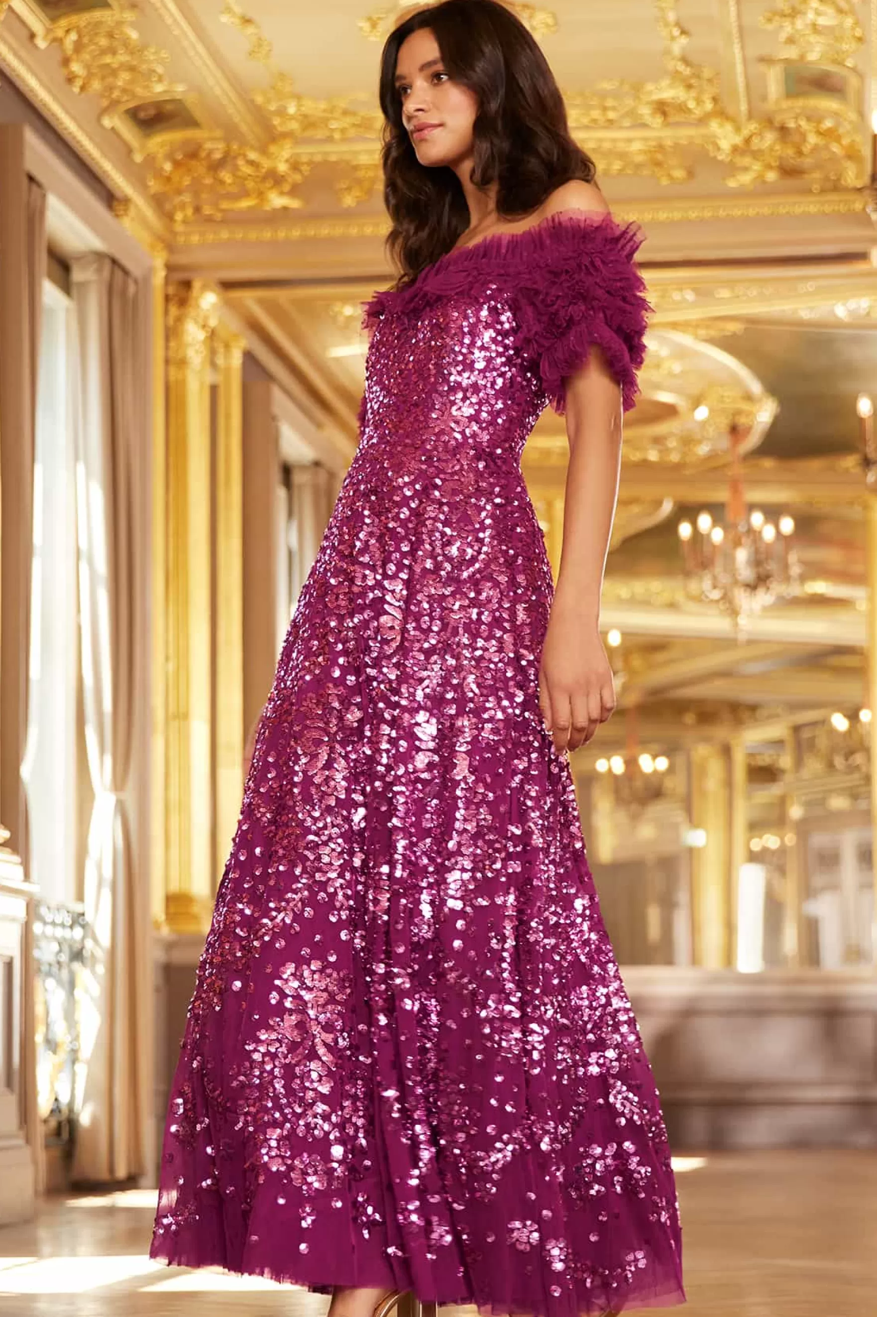Needle & Thread Plus Size | Embellished Dresses>Sequin Wreath Off-Shoulder Gown Purple