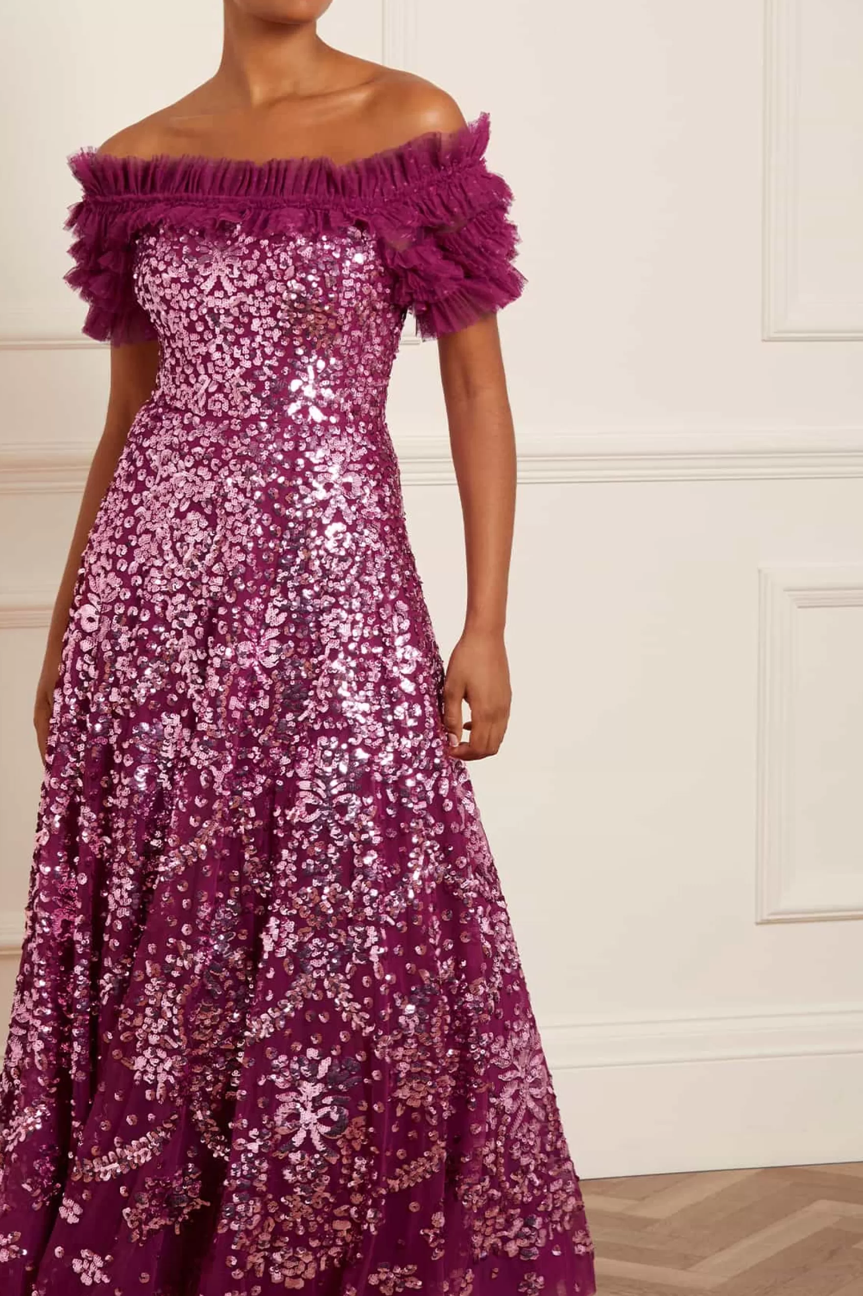 Needle & Thread Plus Size | Embellished Dresses>Sequin Wreath Off-Shoulder Gown Purple