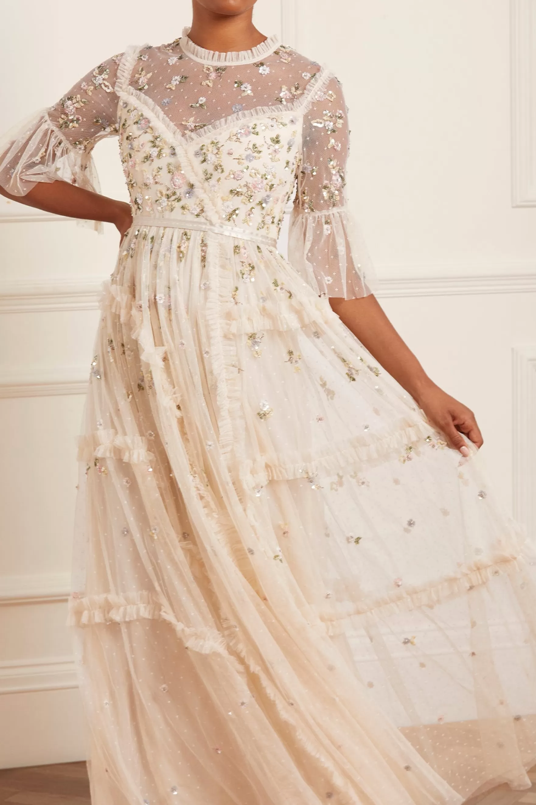 Needle & Thread Bridal | Plus Size>Shimmer Ditsy Long Sleeve Gown Champagne