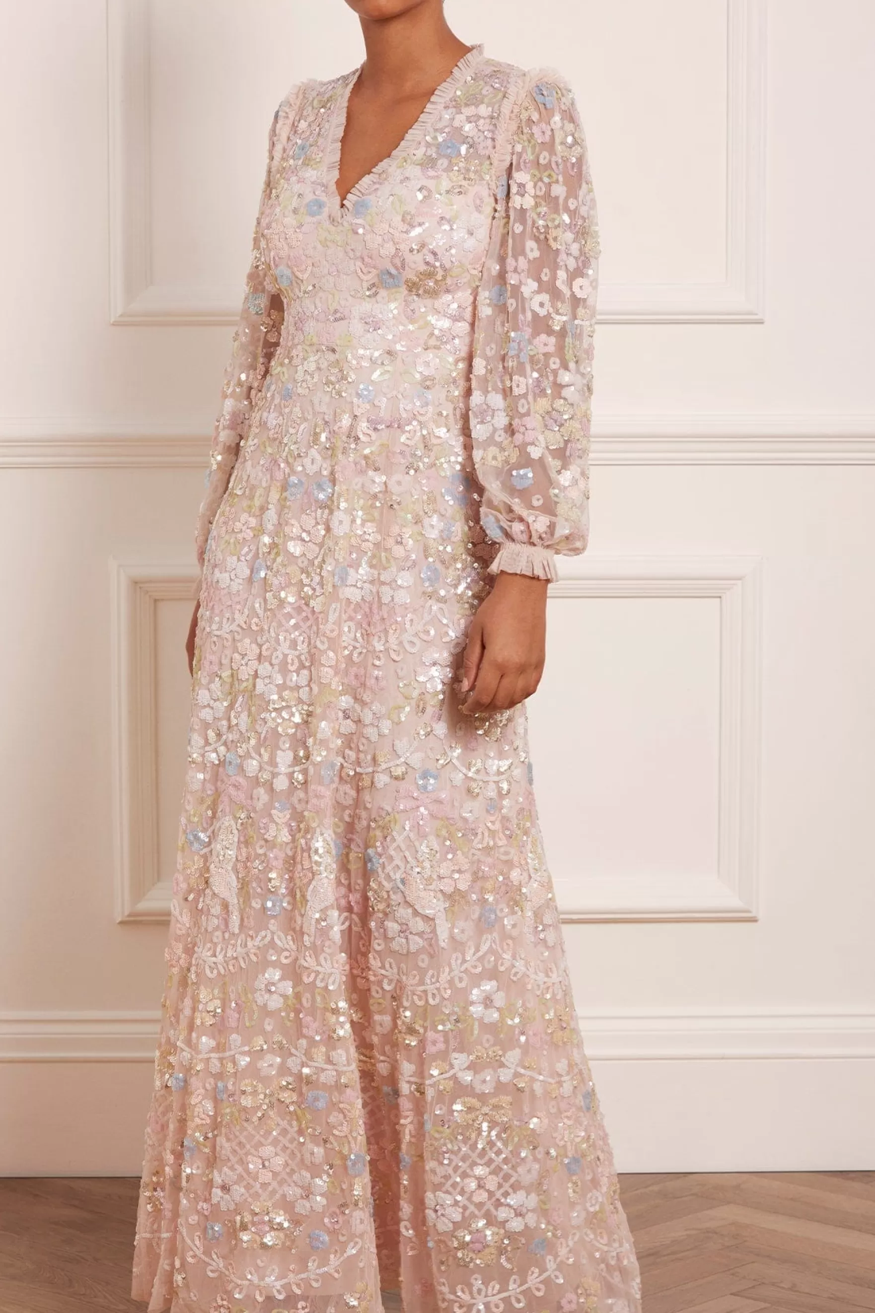 Needle & Thread Evening Dresses | Embellished Dresses>Shimmer Fairytale V-Neck Gown Pink