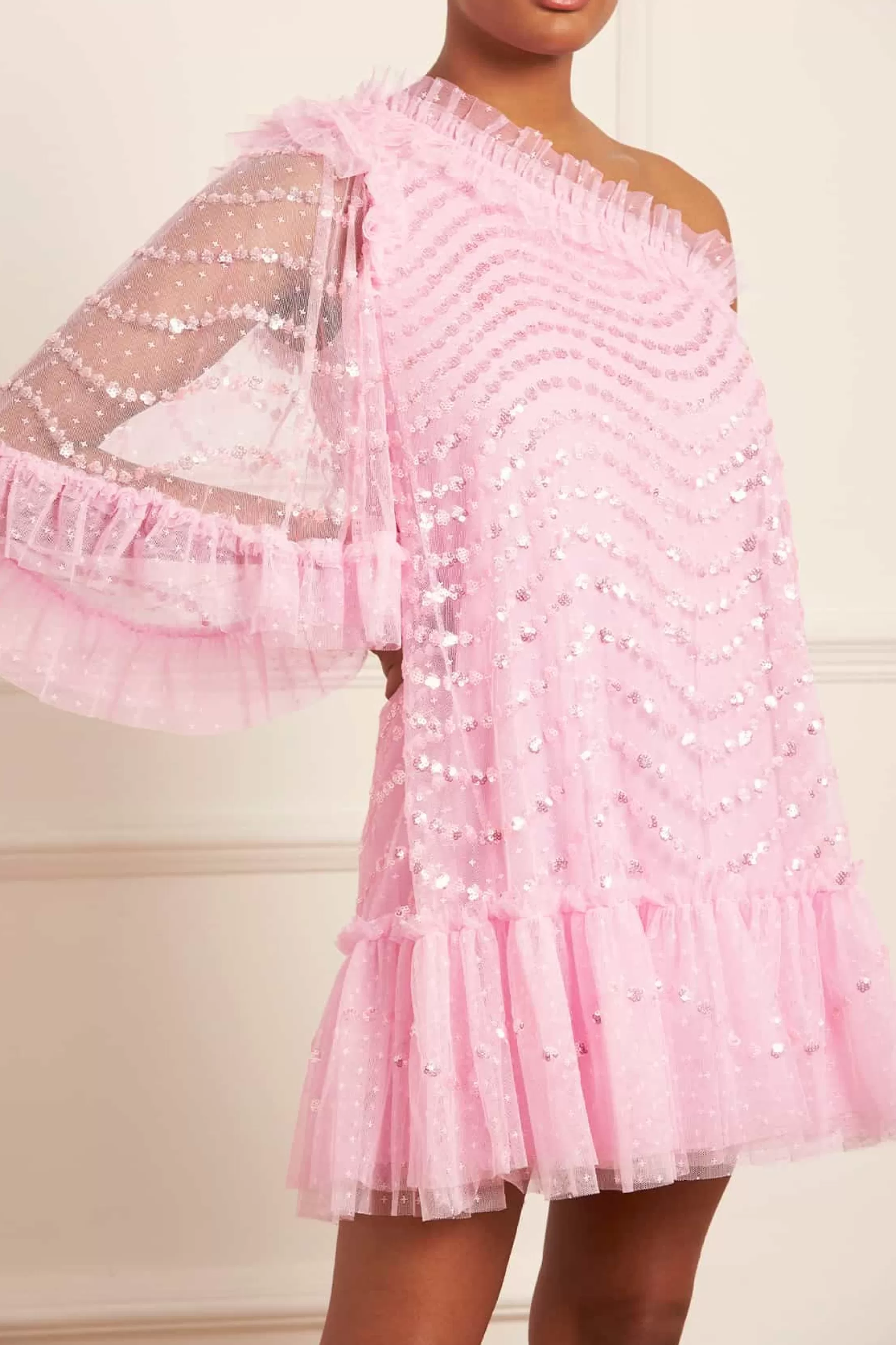 Needle & Thread Wedding Guest | Plus Size>Shimmer Wave Gloss One-Shoulder Micro Mini Dress Pink