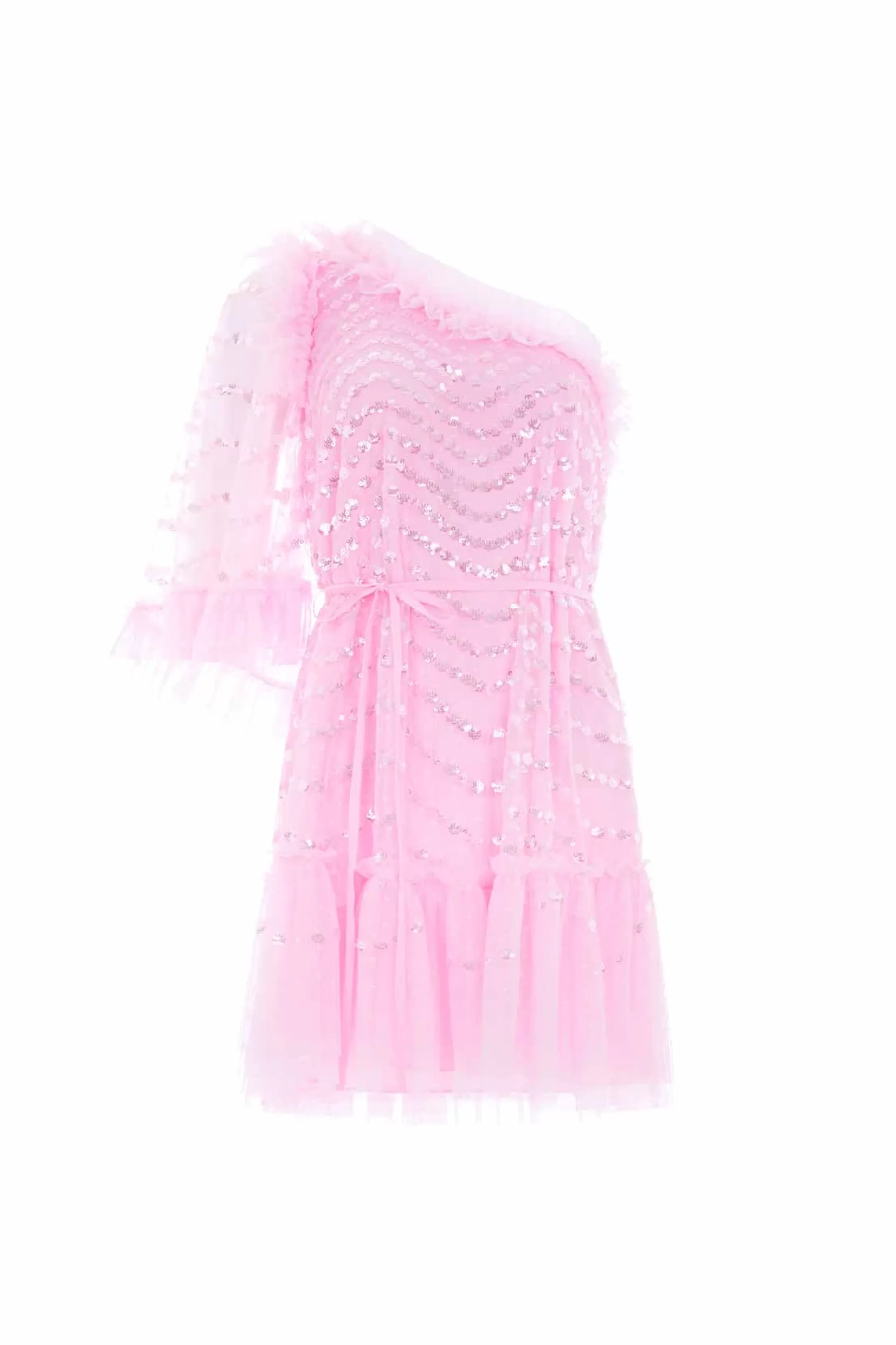 Needle & Thread Wedding Guest | Plus Size>Shimmer Wave Gloss One-Shoulder Micro Mini Dress Pink