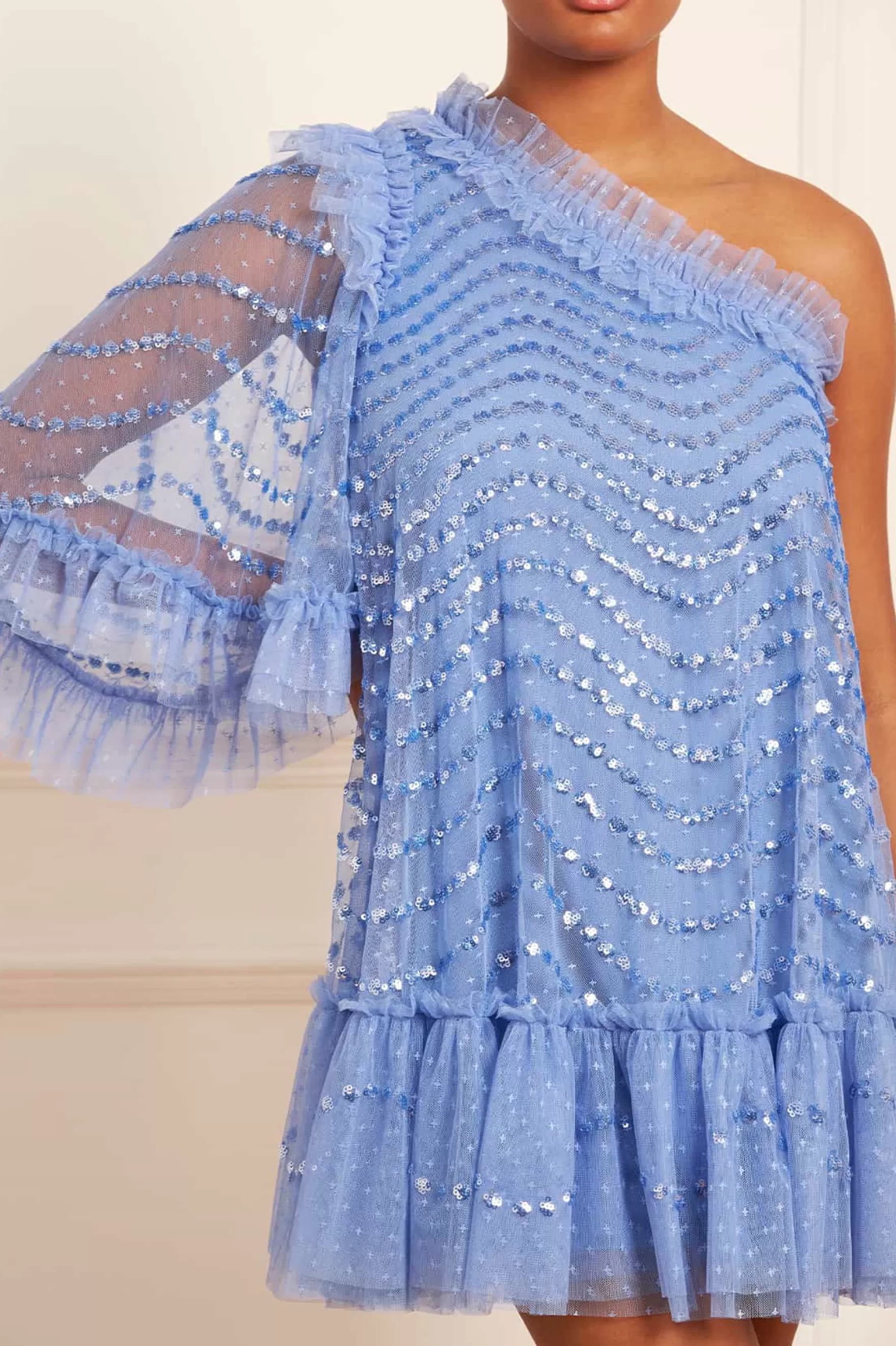 Needle & Thread Wedding Guest | Plus Size>Shimmer Wave Gloss One-Shoulder Micro Mini Dress Blue