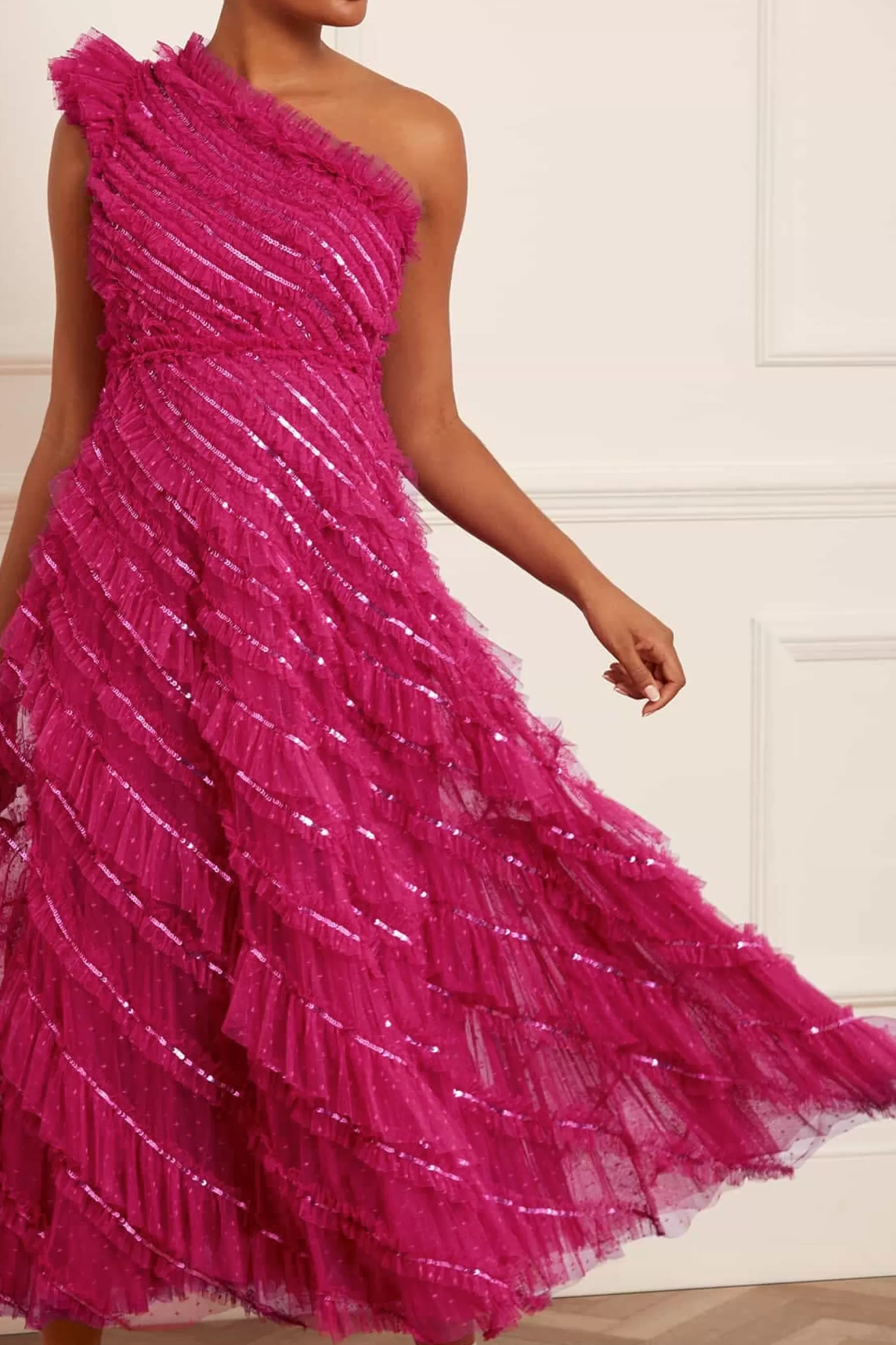 Needle & Thread Mother of the Bride | Evening Dresses>Spiral Sequin One-Shoulder Ankle Gown Pink