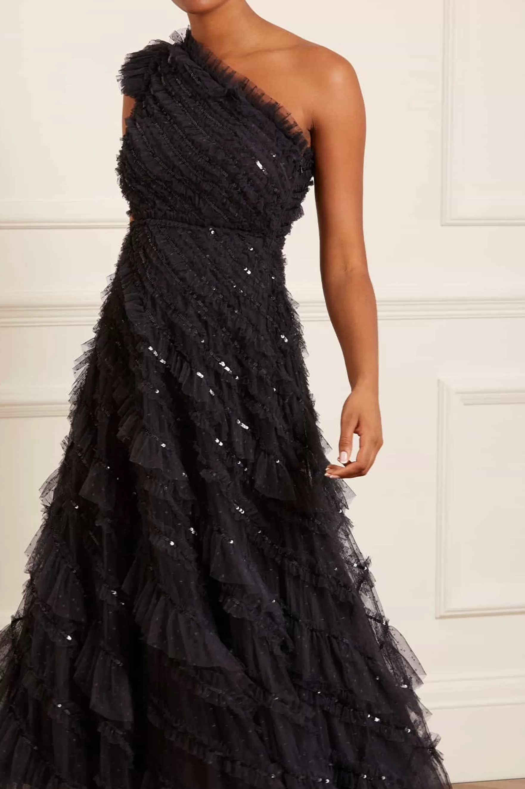 Needle & Thread Mother of the Bride | Evening Dresses>Spiral Sequin One-Shoulder Ankle Gown Black