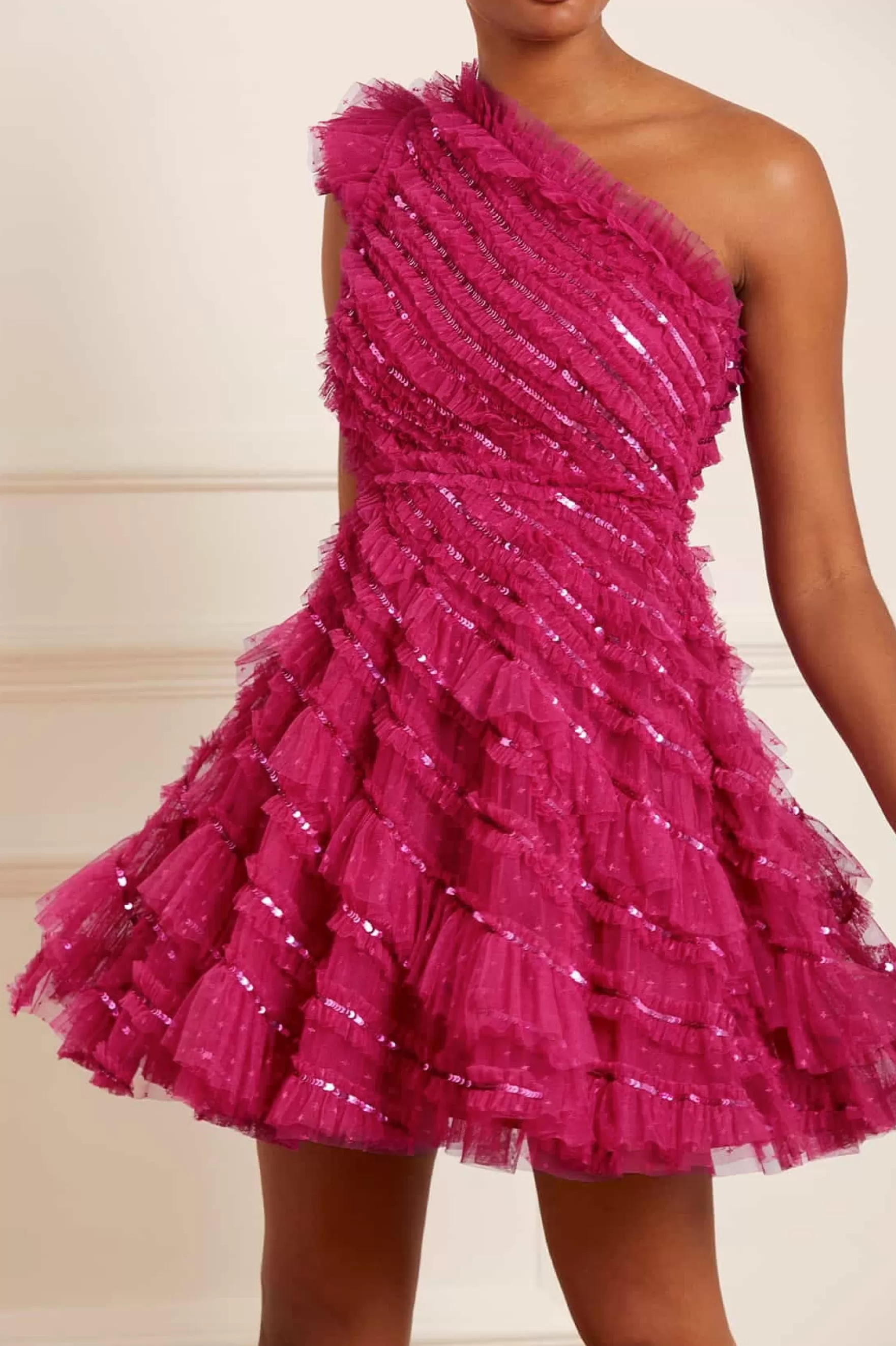 Needle & Thread Wedding Guest | Mini Dresses>Spiral Sequin One-Shoulder Micro Mini Dress Pink