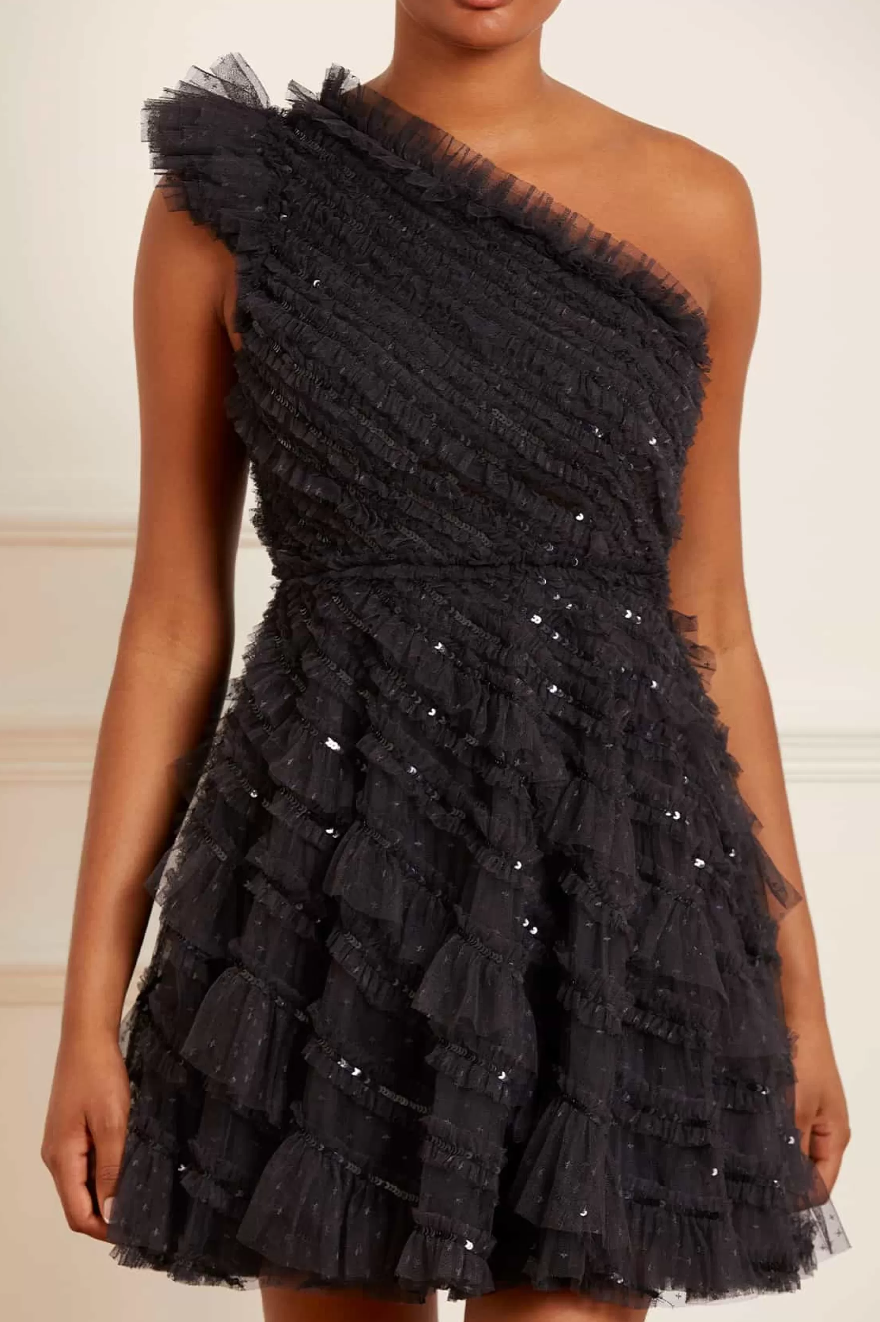 Needle & Thread Wedding Guest | Mini Dresses>Spiral Sequin One-Shoulder Micro Mini Dress Black