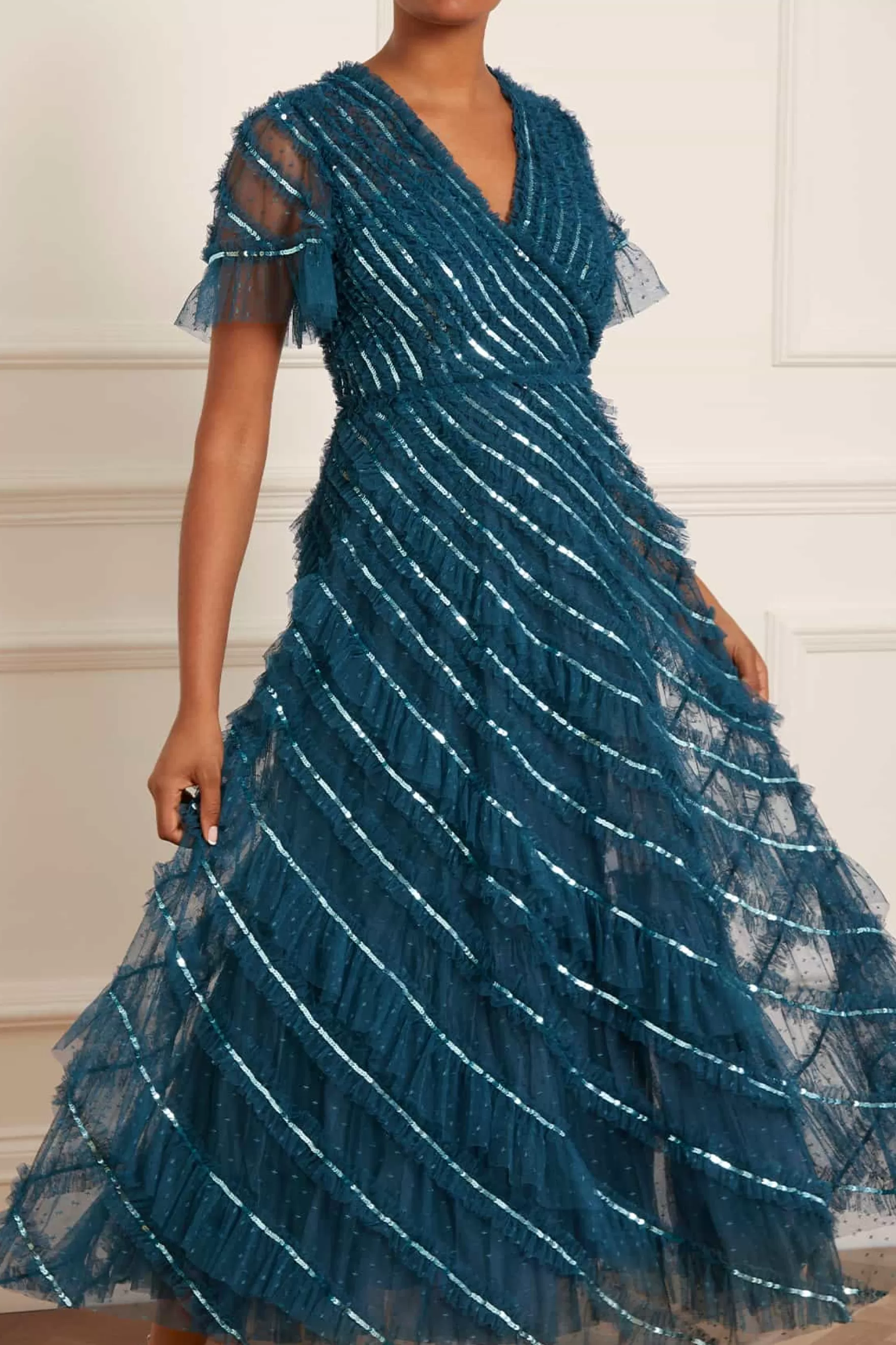 Needle & Thread Mother of the Bride | All-Womenswear>Spiral Sequin V-Neck Ankle Gown Blue