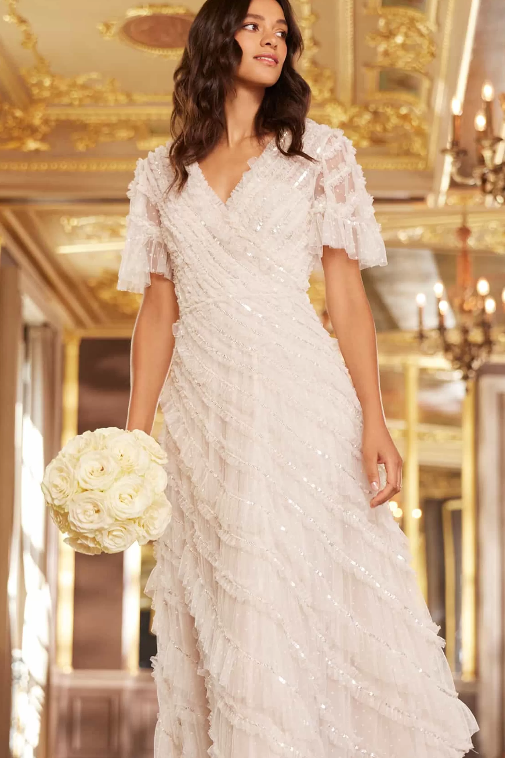 Needle & Thread Bridal | Evening Dresses>Spiral Sequin V-Neck Ankle Gown Champagne