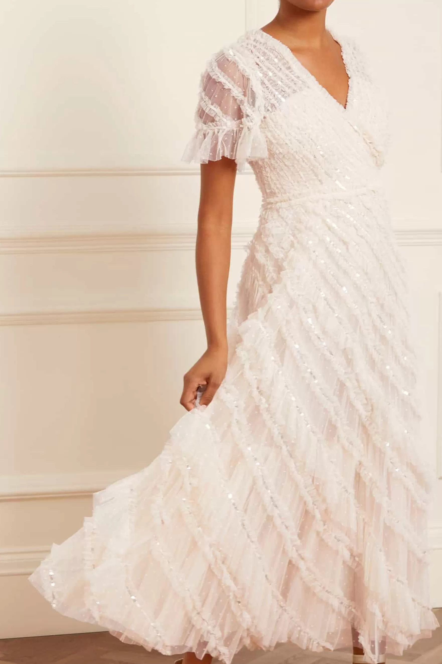 Needle & Thread Bridal | Evening Dresses>Spiral Sequin V-Neck Ankle Gown Champagne